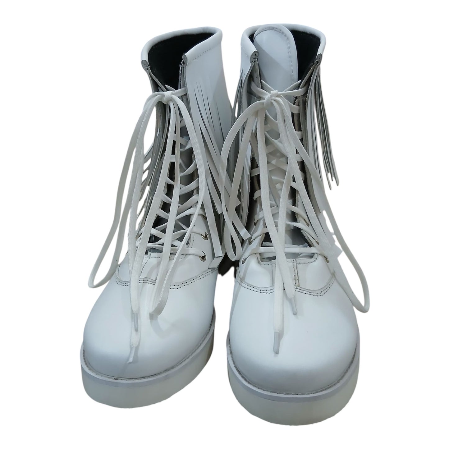 Handmade Leather Pro Wrestling low cut Boots: White Lace-Up with Fringes layers