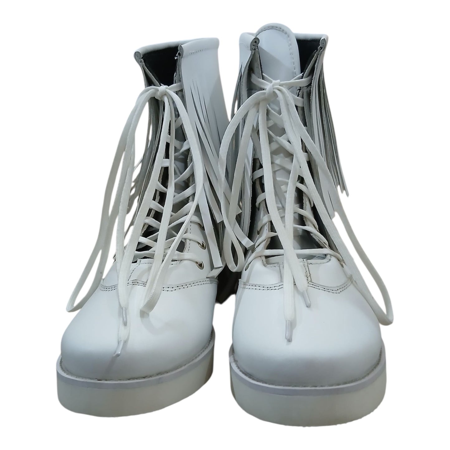 Handmade Leather Pro Wrestling low cut Boots: White Lace-Up with Fringes layers