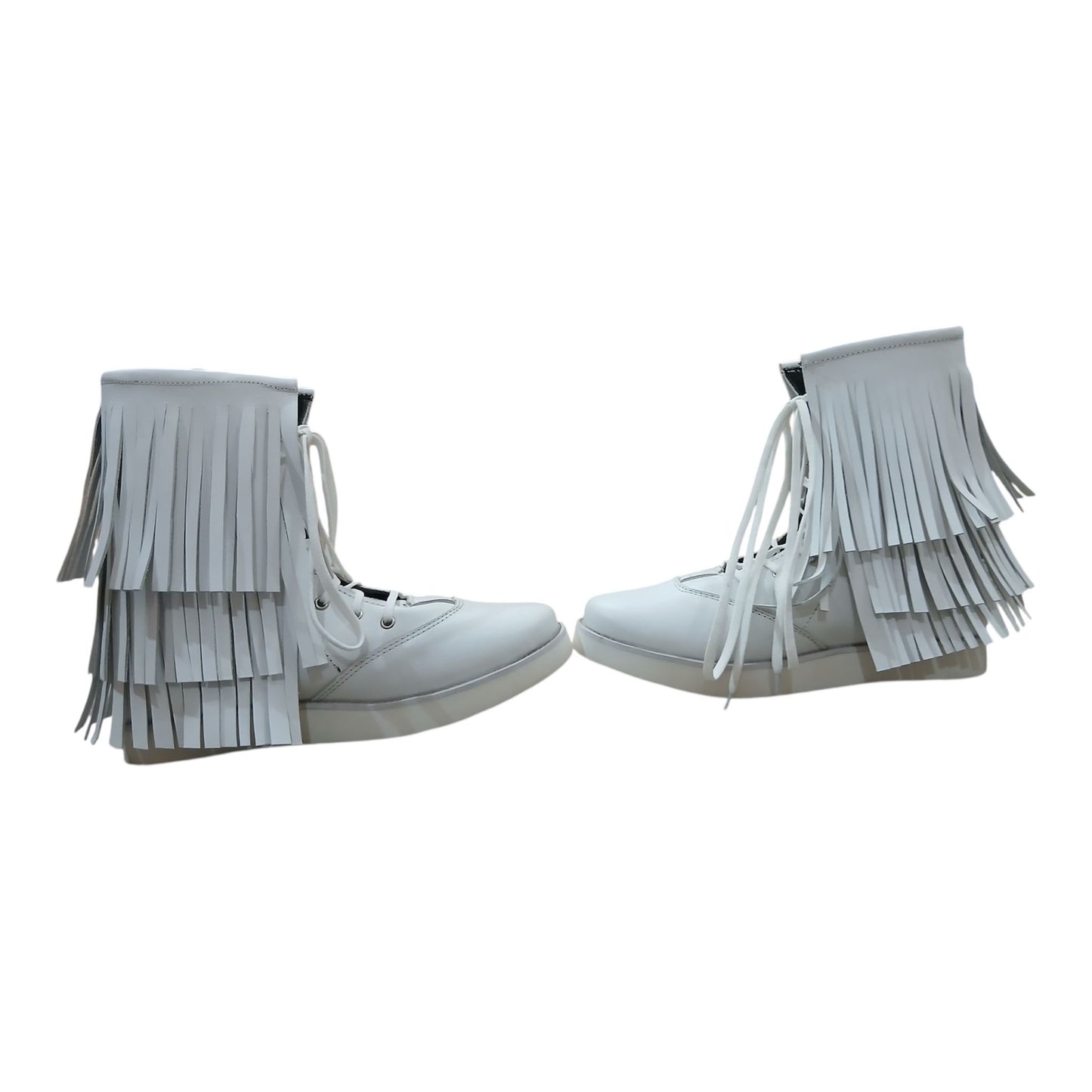 Handmade Leather Pro Wrestling low cut Boots: White Lace-Up with Fringes layers