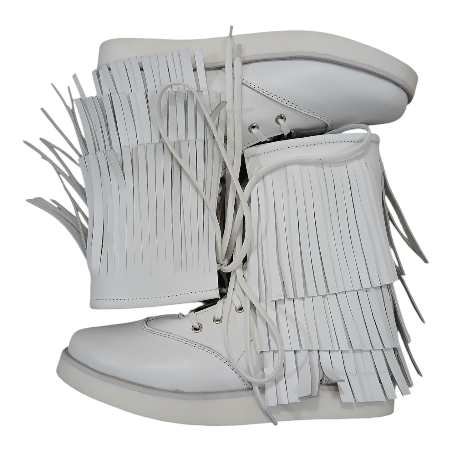 Handmade Leather Pro Wrestling low cut Boots: White Lace-Up with Fringes layers