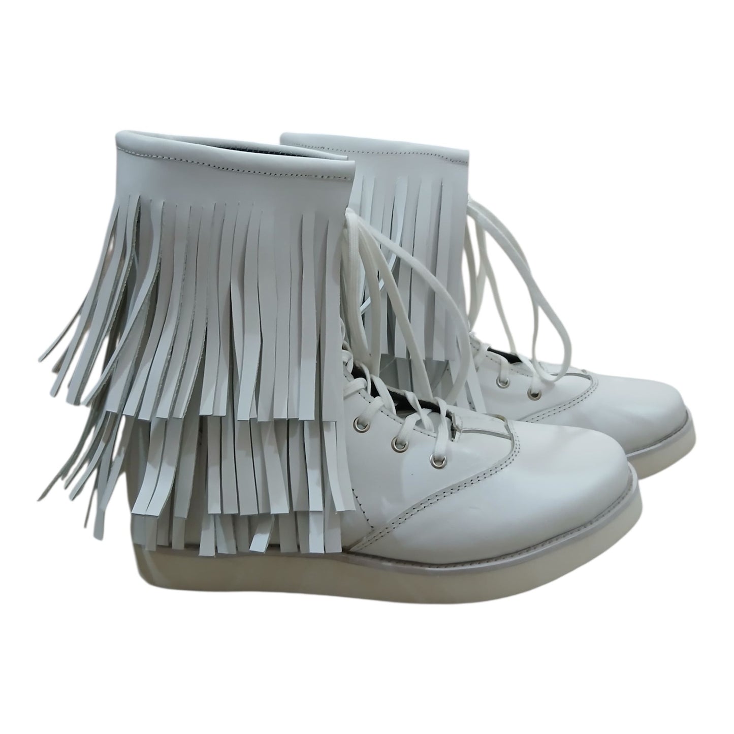 Handmade Leather Pro Wrestling low cut Boots: White Lace-Up with Fringes layers