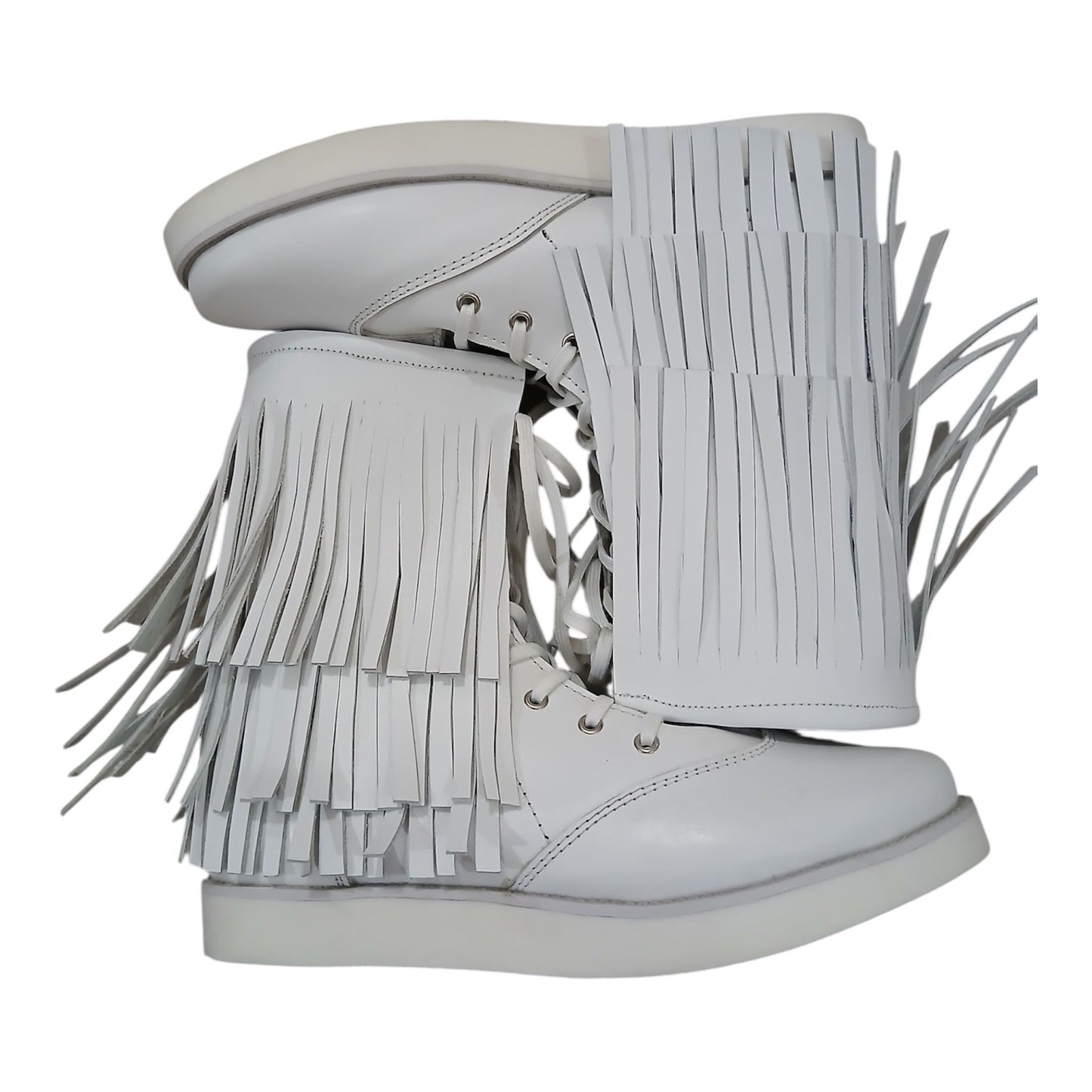 Handmade Leather Pro Wrestling low cut Boots: White Lace-Up with Fringes layers