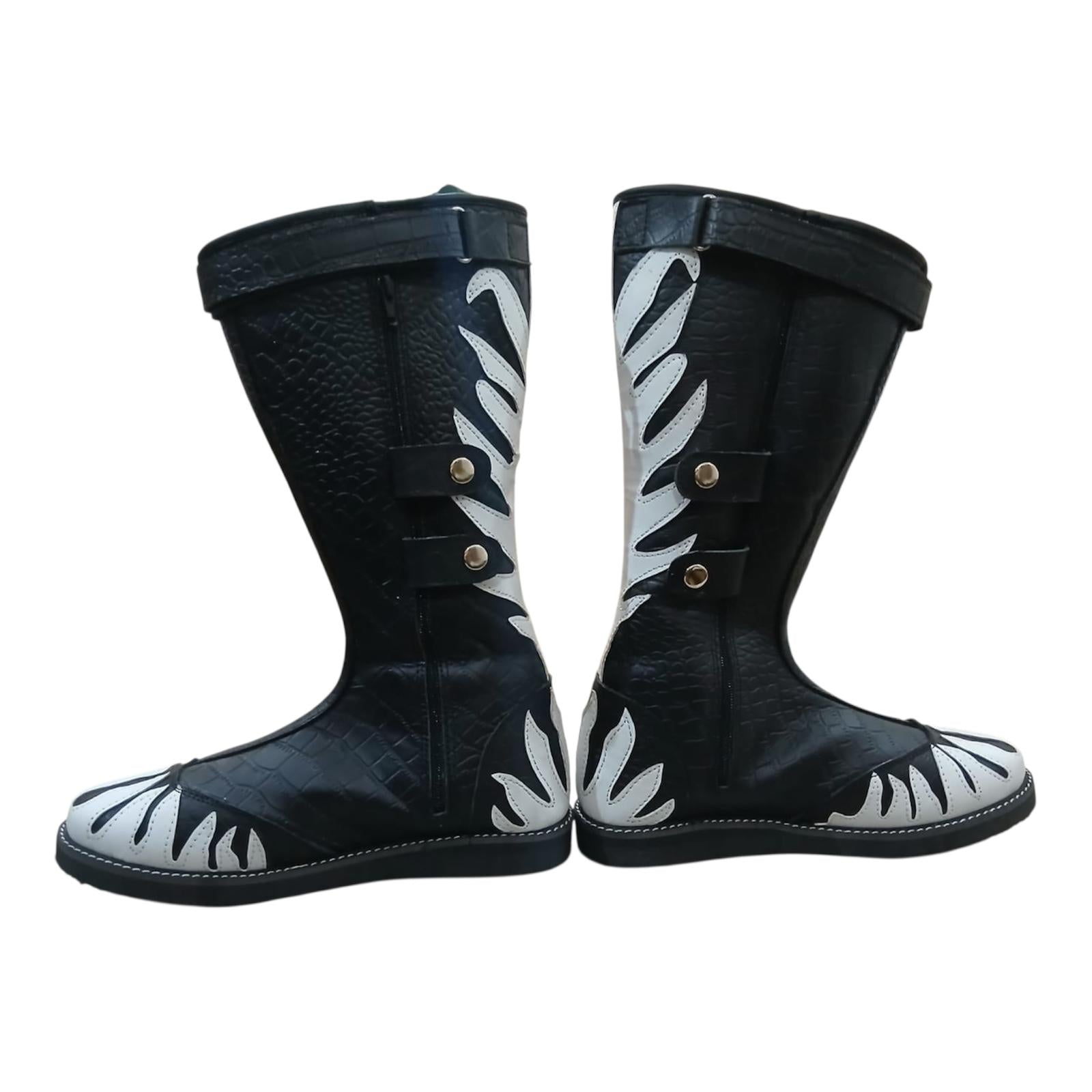 Stoeistewels, 100% oorspronklike leer, krokodilpatroon swart leer, wit vuur, klittenband-ritssluitingstyl