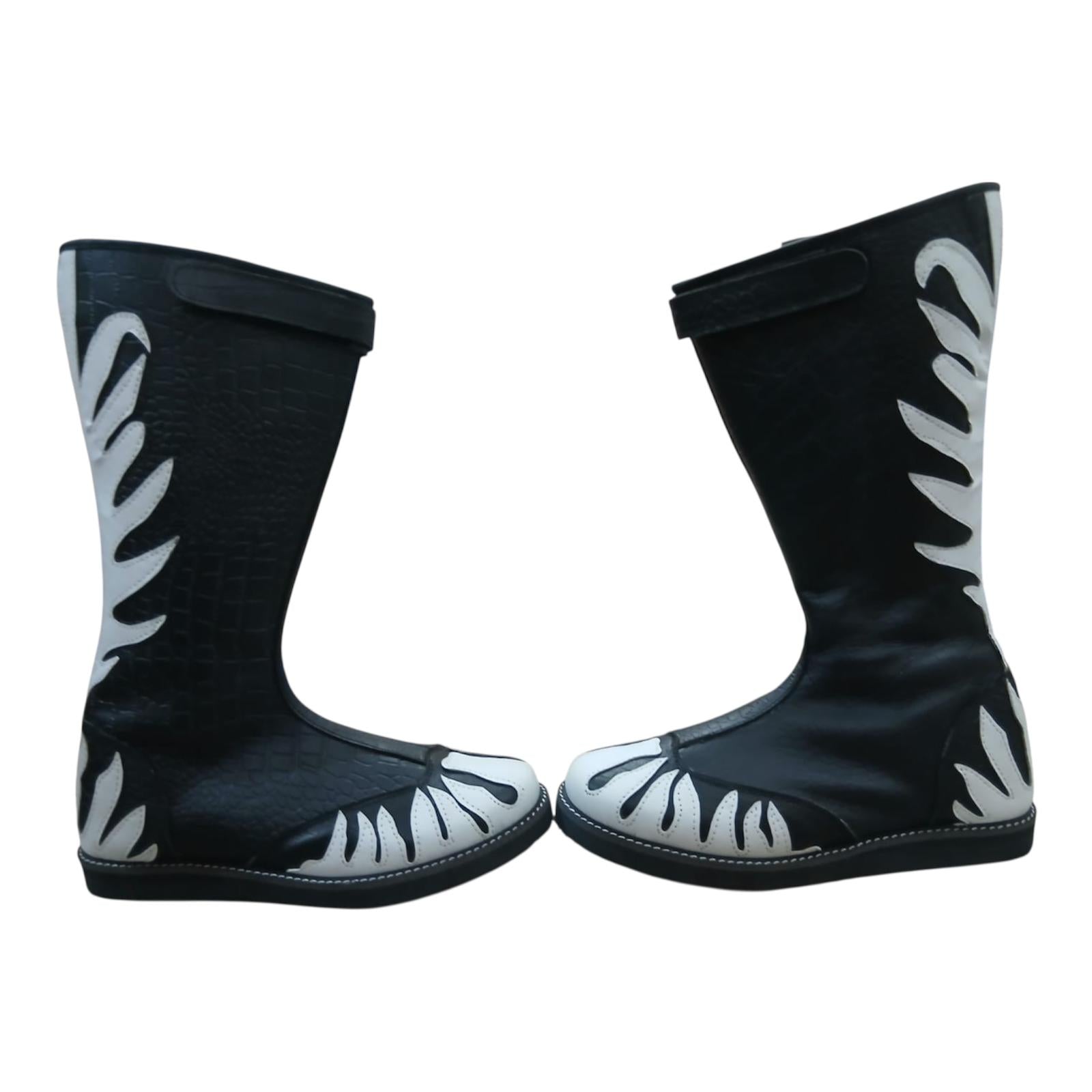 Stoeistewels, 100% oorspronklike leer, krokodilpatroon swart leer, wit vuur, klittenband-ritssluitingstyl