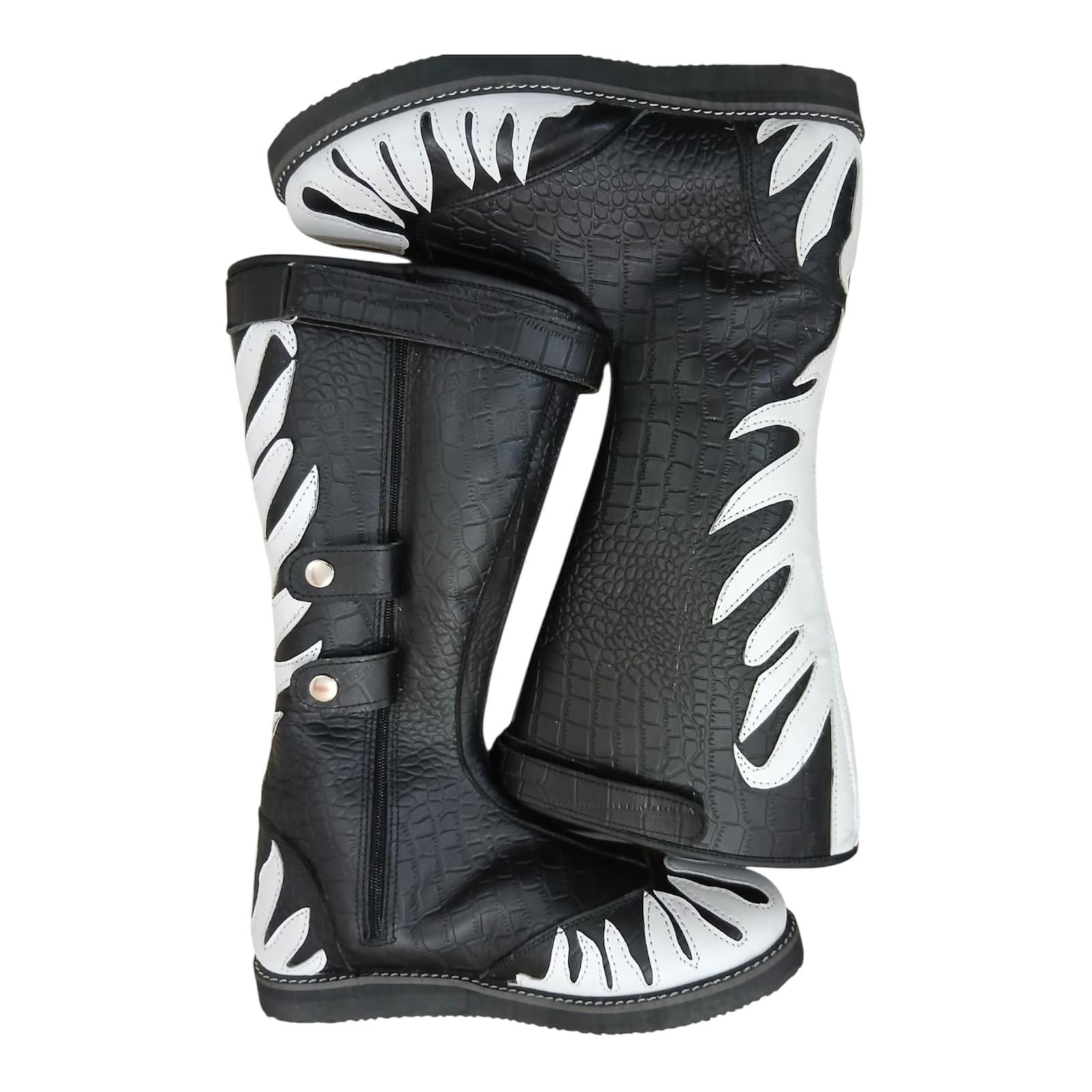 Stoeistewels, 100% oorspronklike leer, krokodilpatroon swart leer, wit vuur, klittenband-ritssluitingstyl