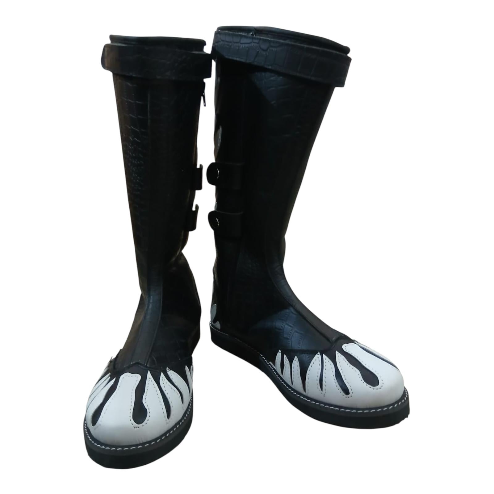 Stoeistewels, 100% oorspronklike leer, krokodilpatroon swart leer, wit vuur, klittenband-ritssluitingstyl