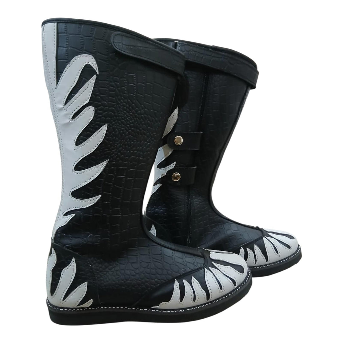 Stoeistewels, 100% oorspronklike leer, krokodilpatroon swart leer, wit vuur, klittenband-ritssluitingstyl