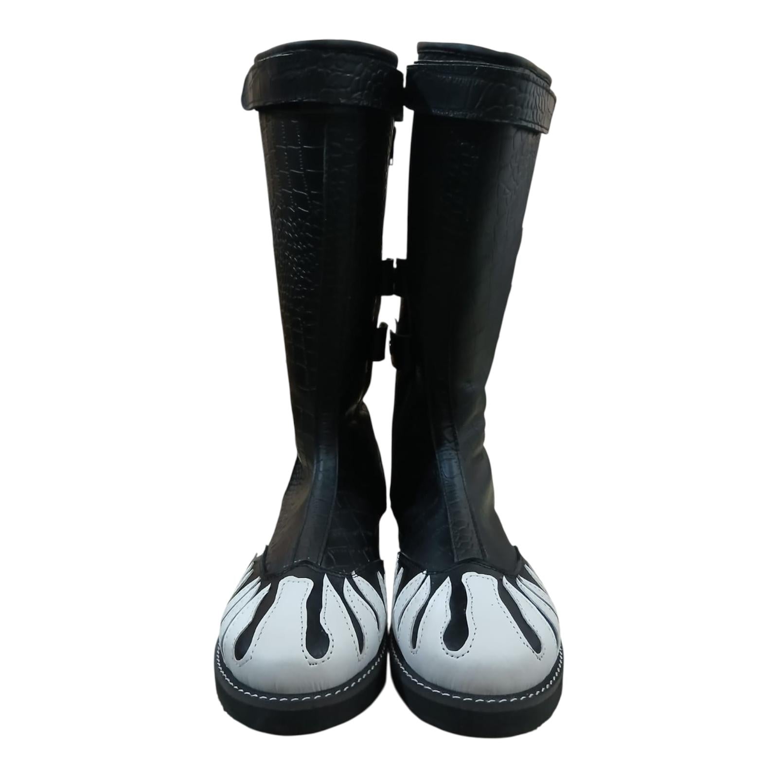 Stoeistewels, 100% oorspronklike leer, krokodilpatroon swart leer, wit vuur, klittenband-ritssluitingstyl