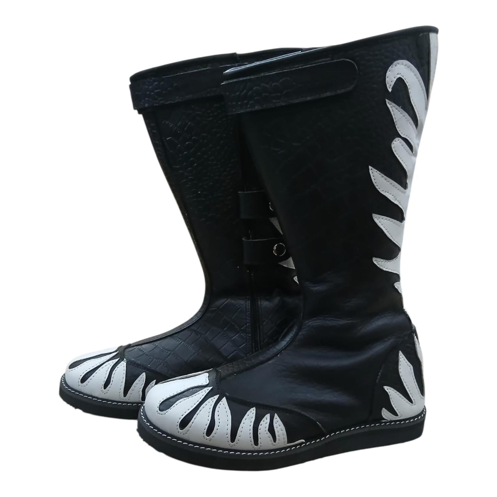 Stoeistewels, 100% oorspronklike leer, krokodilpatroon swart leer, wit vuur, klittenband-ritssluitingstyl