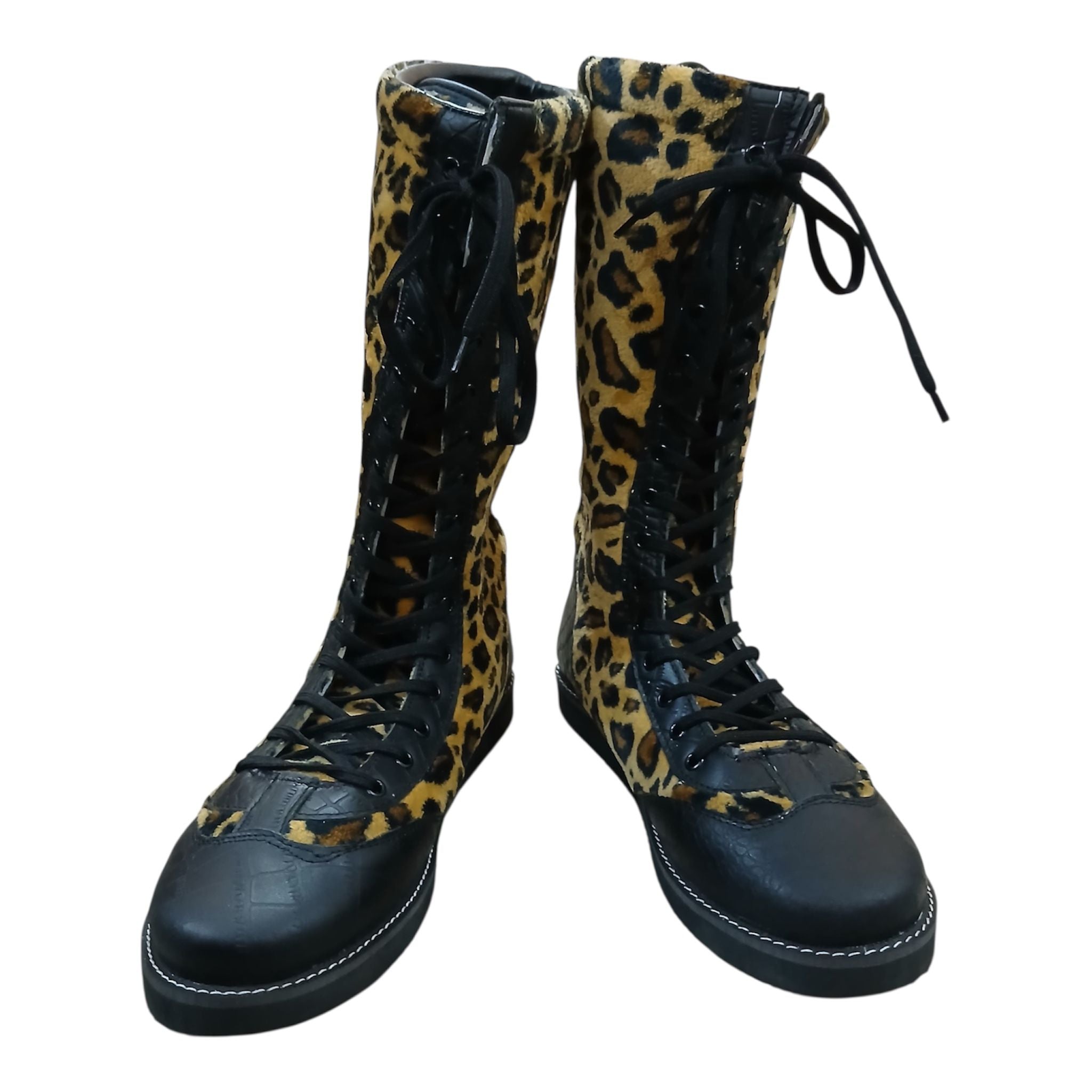 Pro Wrestling Boots Genuine Leather and  with Leopard Print fur