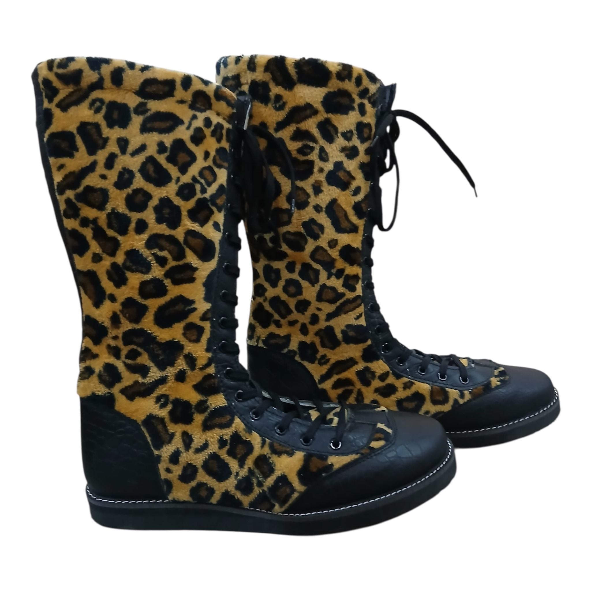 Pro Wrestling Boots Genuine Leather and  with Leopard Print fur