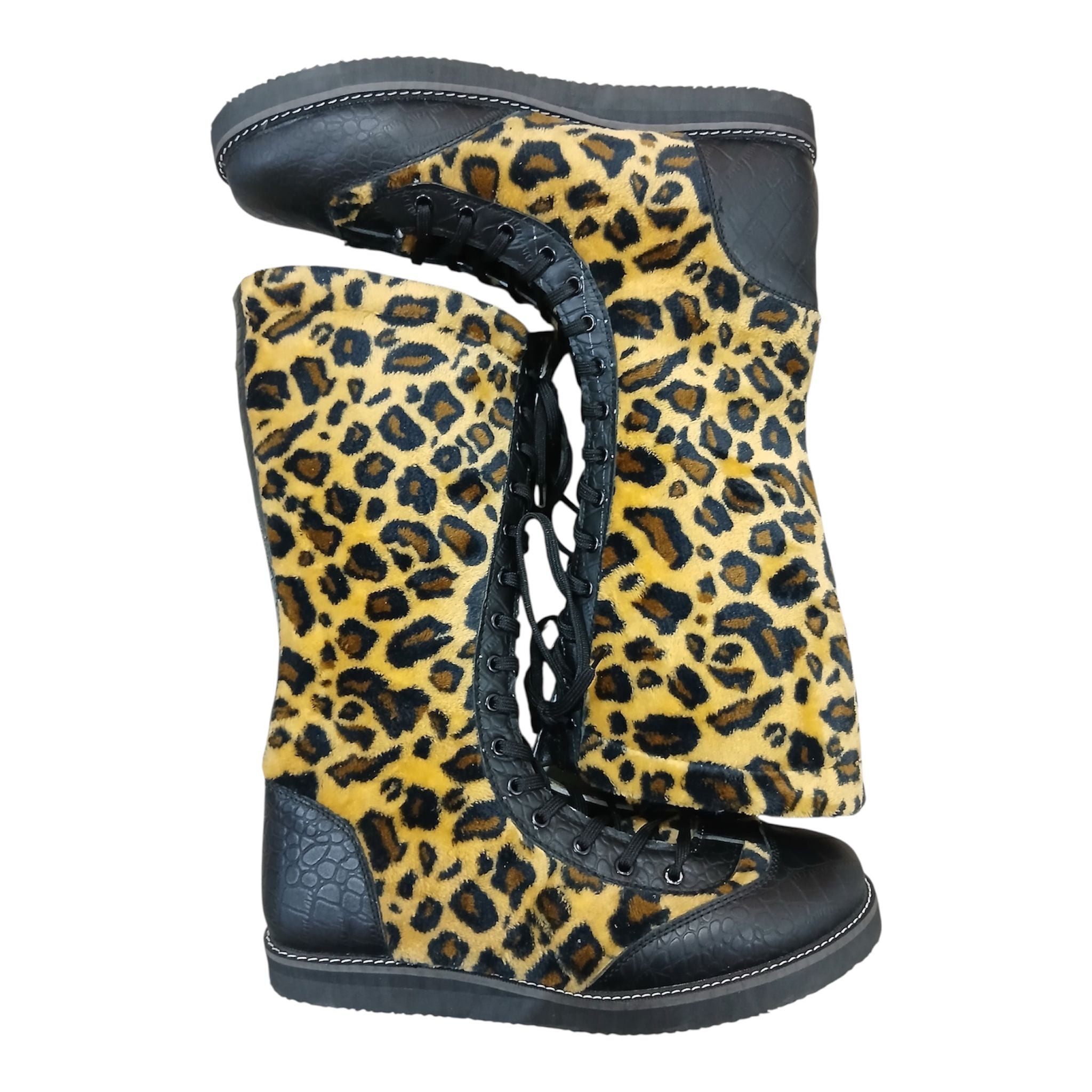 Pro Wrestling Boots Genuine Leather and  with Leopard Print fur