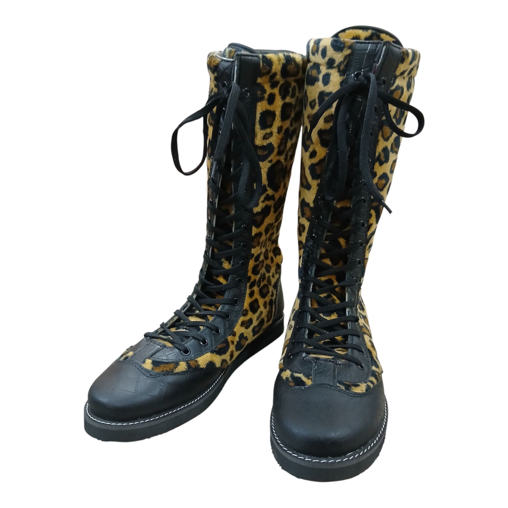 Pro Wrestling Boots Genuine Leather and  with Leopard Print fur