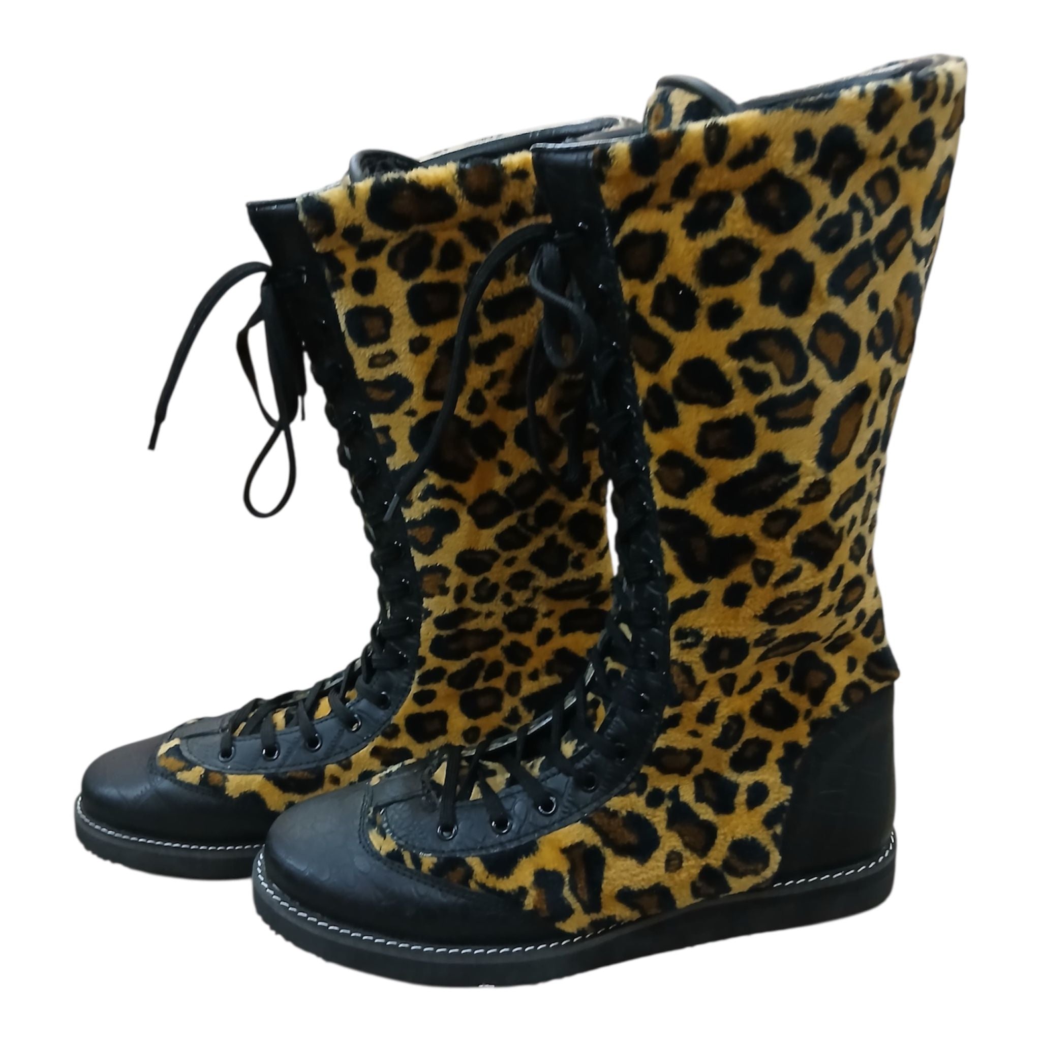 Pro Wrestling Boots Genuine Leather and  with Leopard Print fur