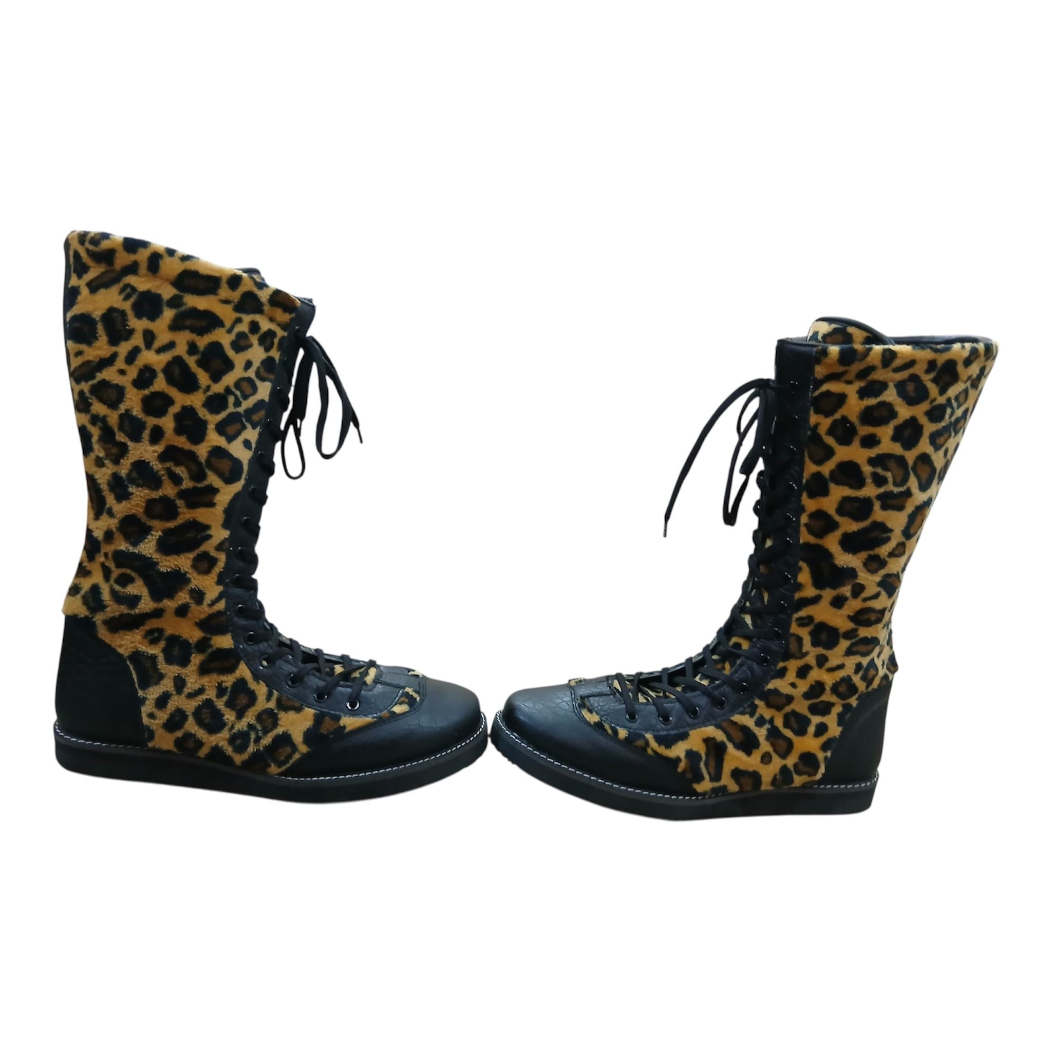 Pro Wrestling Boots Genuine Leather and  with Leopard Print fur