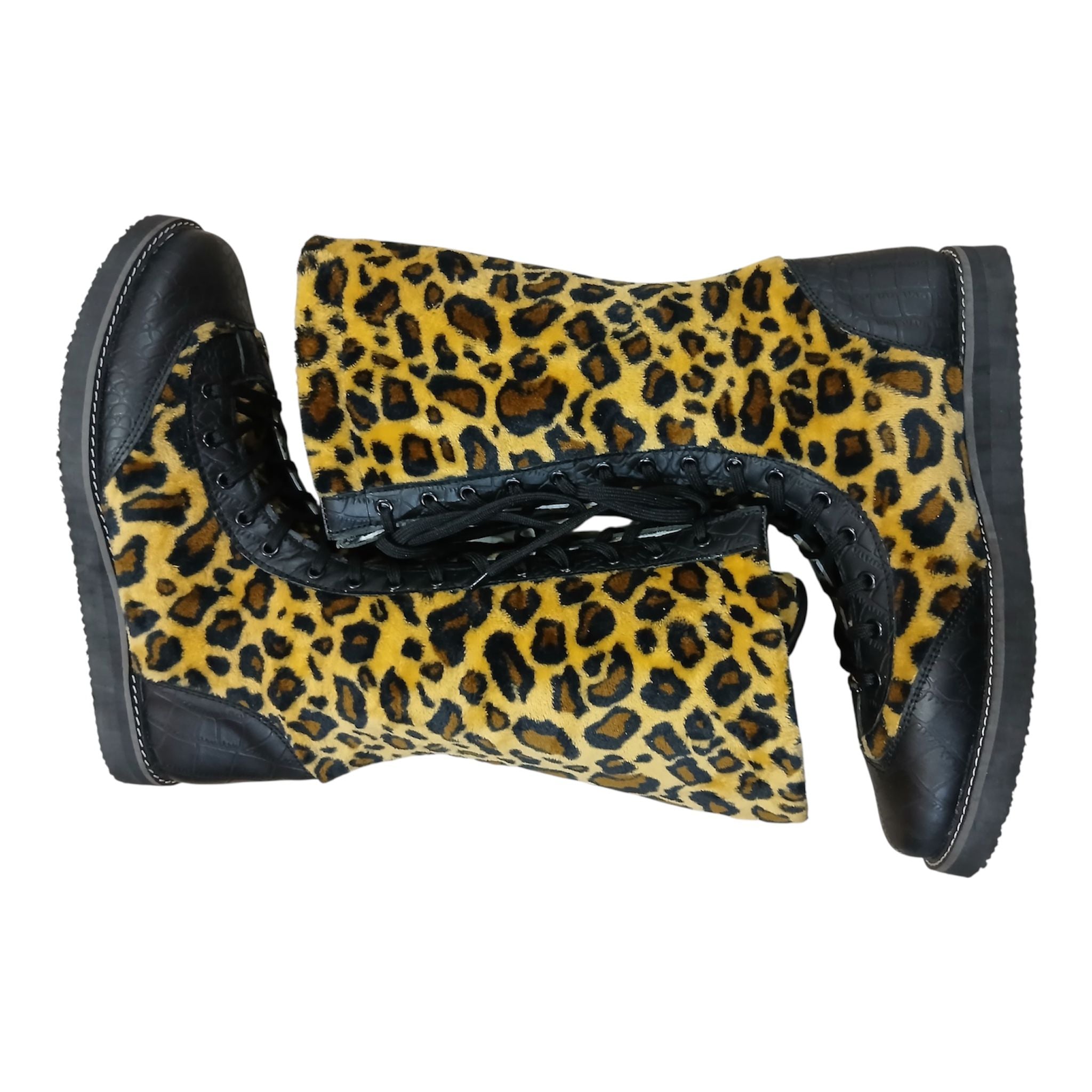 Pro Wrestling Boots Genuine Leather and  with Leopard Print fur