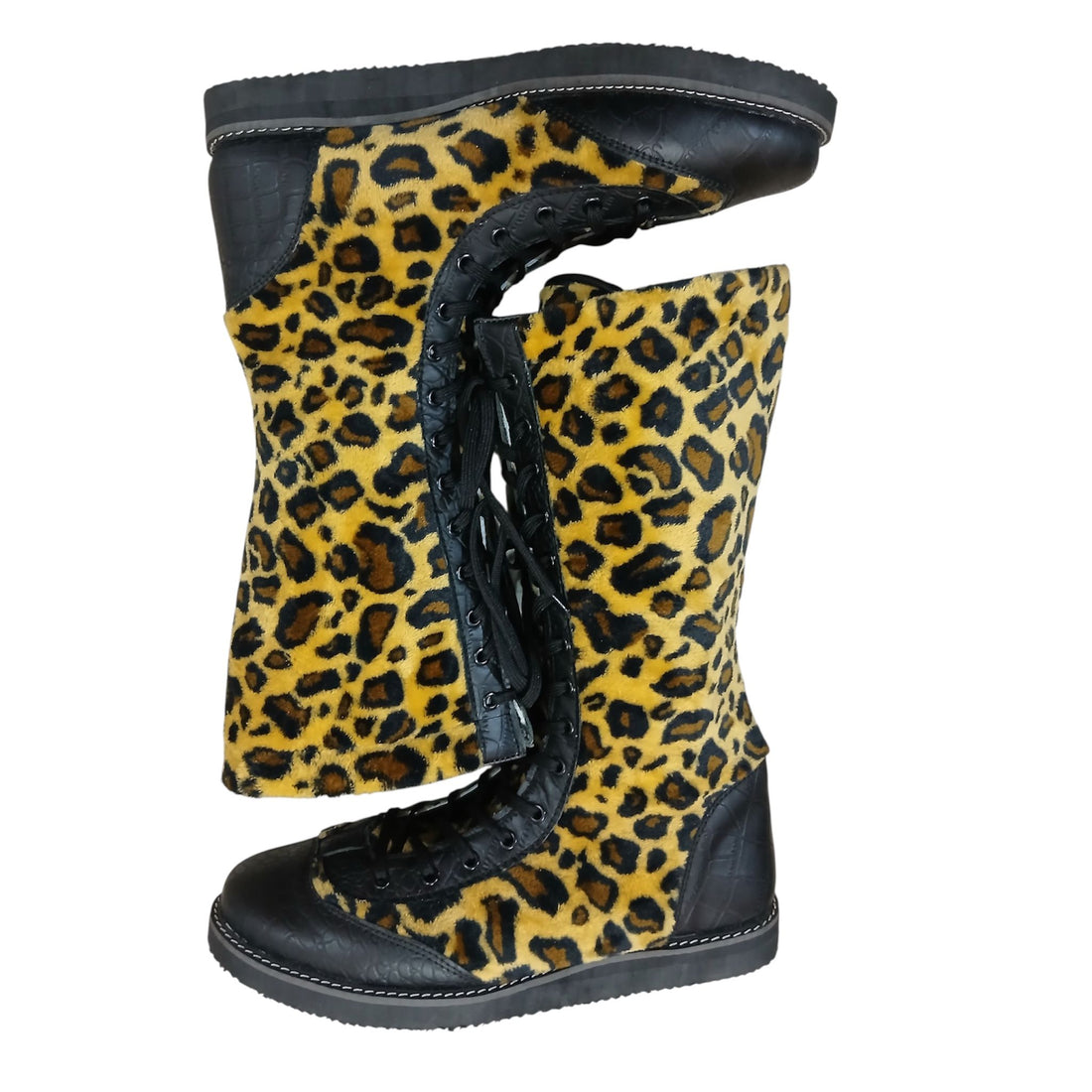 Pro Wrestling Boots Genuine Leather and  with Leopard Print fur