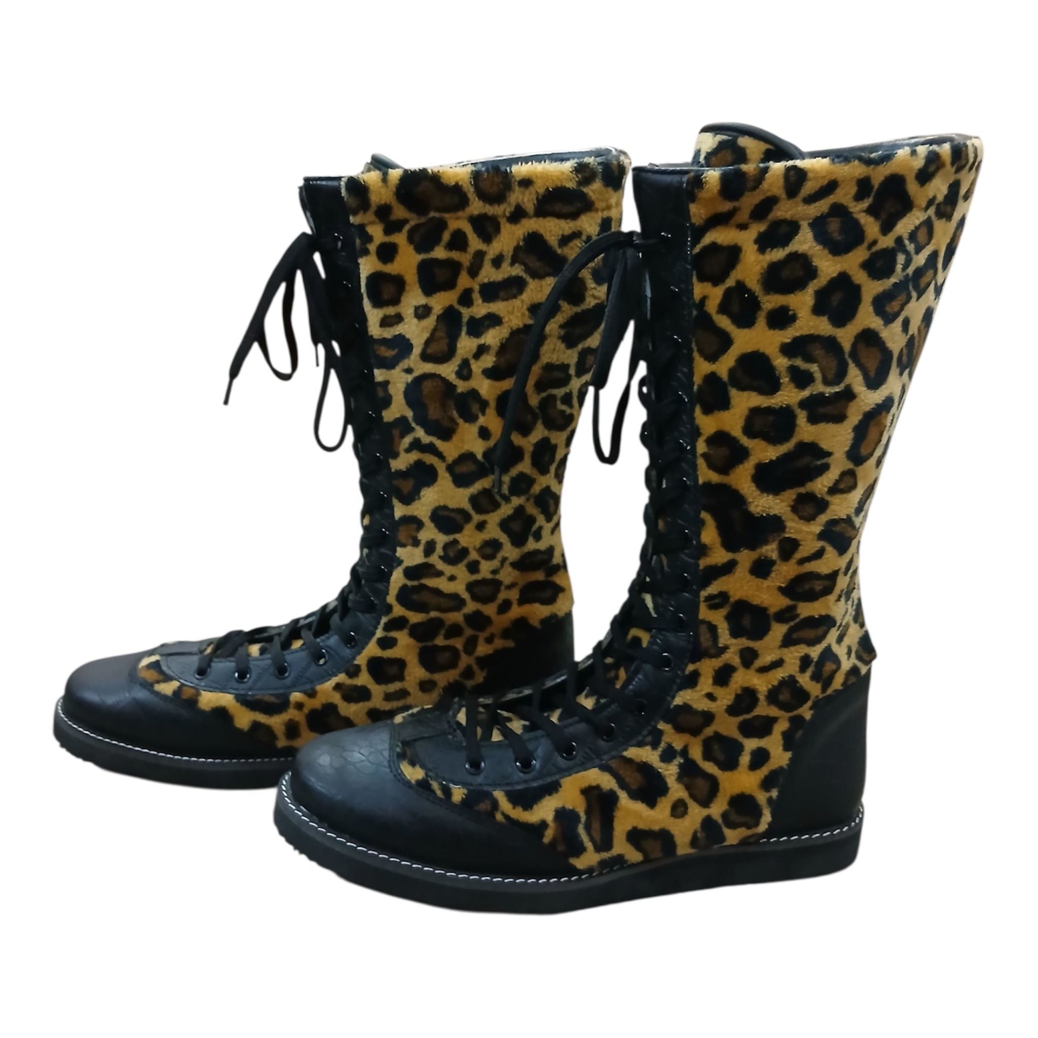 Pro Wrestling Boots Genuine Leather and  with Leopard Print fur