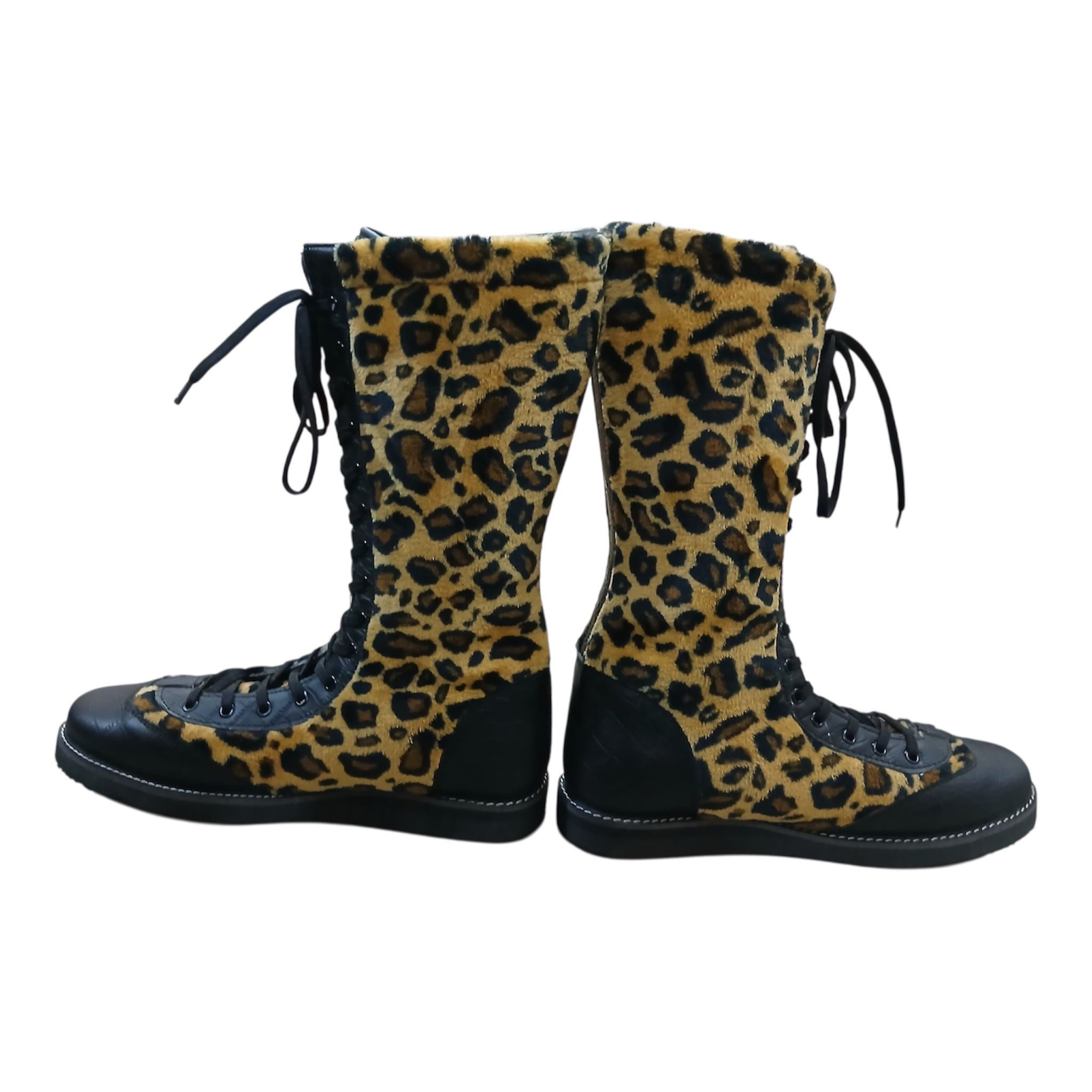 Pro Wrestling Boots Genuine Leather and  with Leopard Print fur