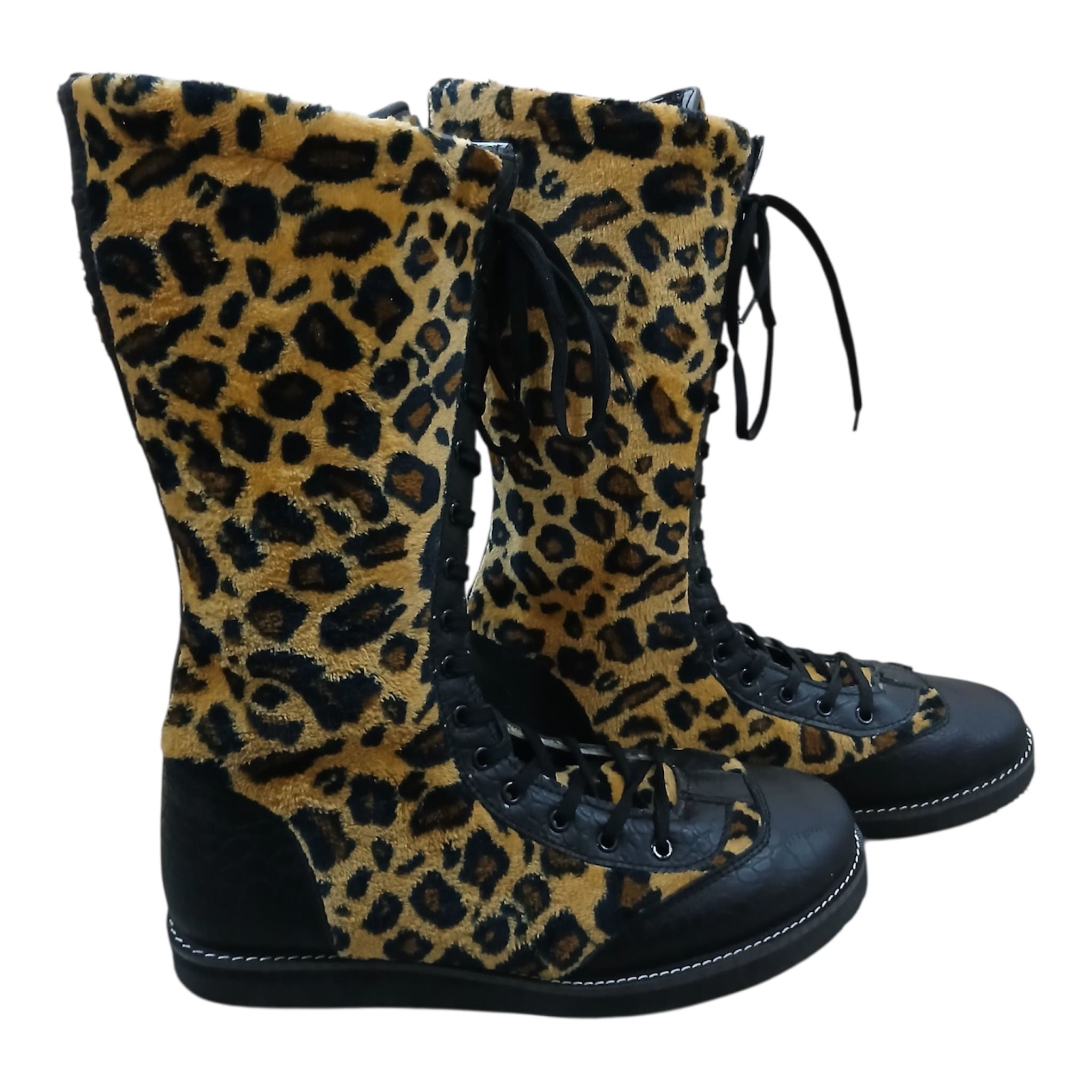 Pro Wrestling Boots Genuine Leather and  with Leopard Print fur