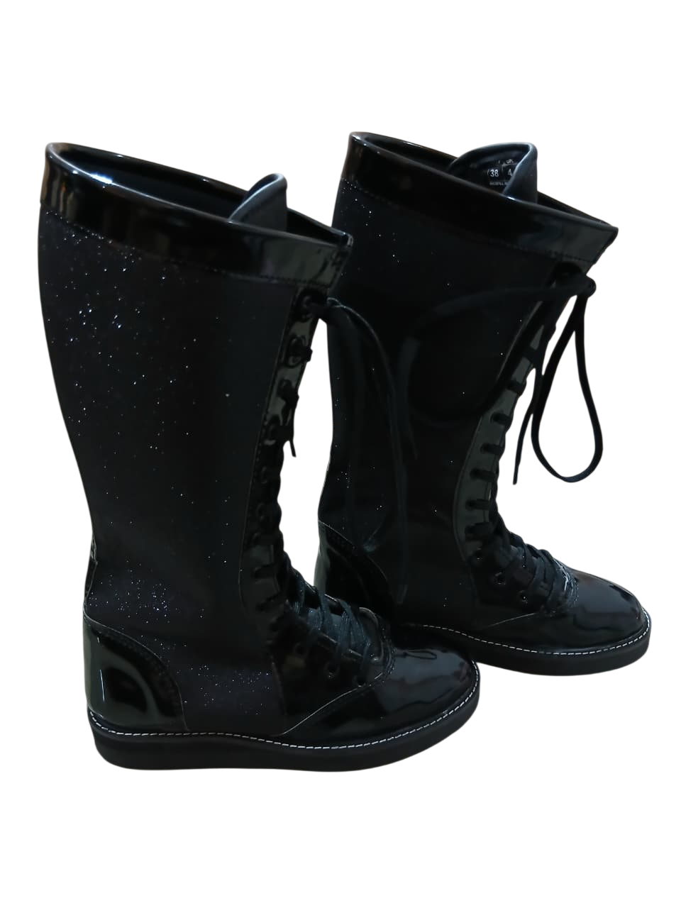 Wrestling Boots, Handmade, 100% Original Leather, Black Patent and Black Glitter Color
