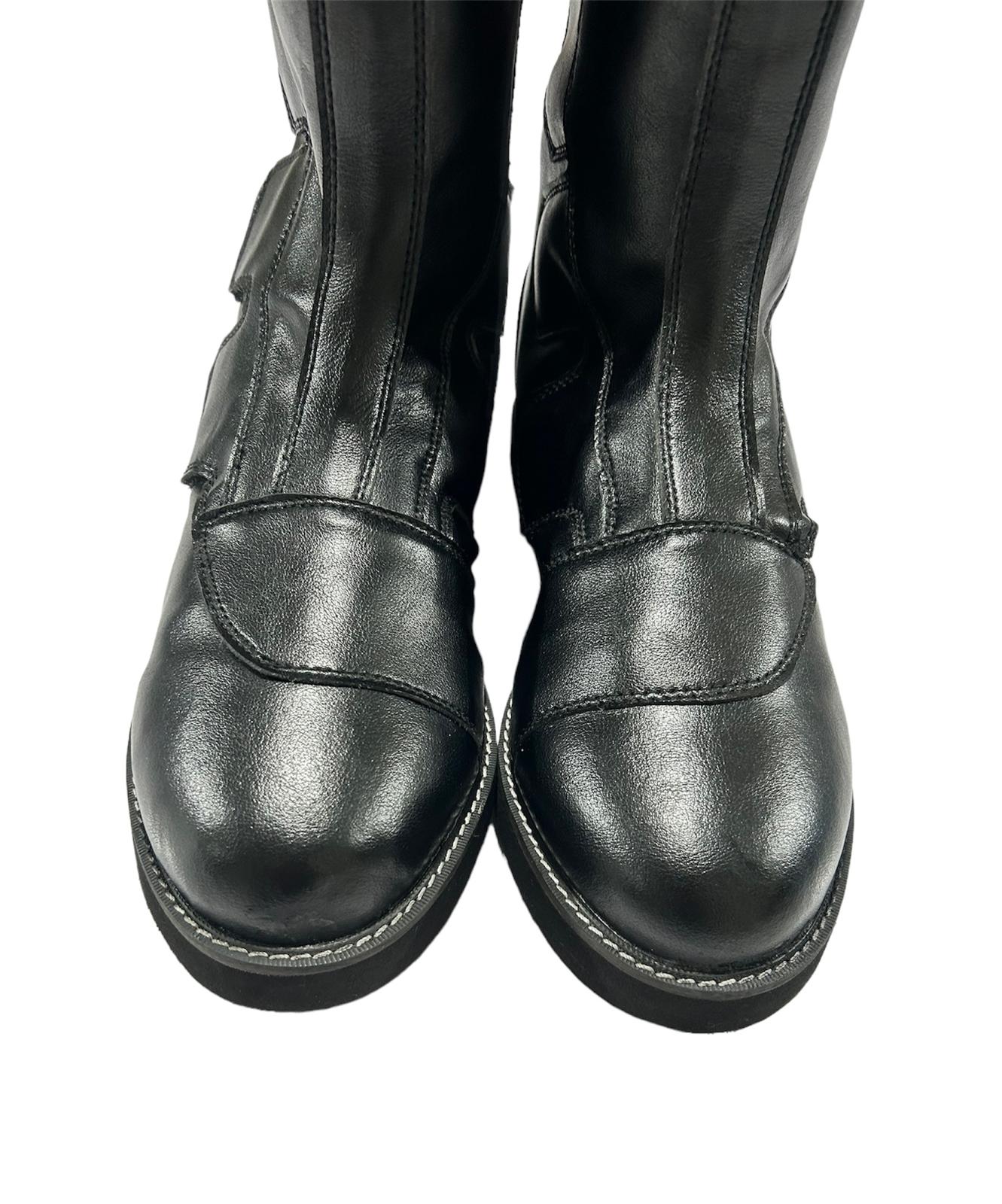 Stoei Lang Stewels, Swart Kleur, Handgemaak, 100% Oorspronklike Leer, Klittenbandstyl, Aanpasbare kleure en Sooldikte