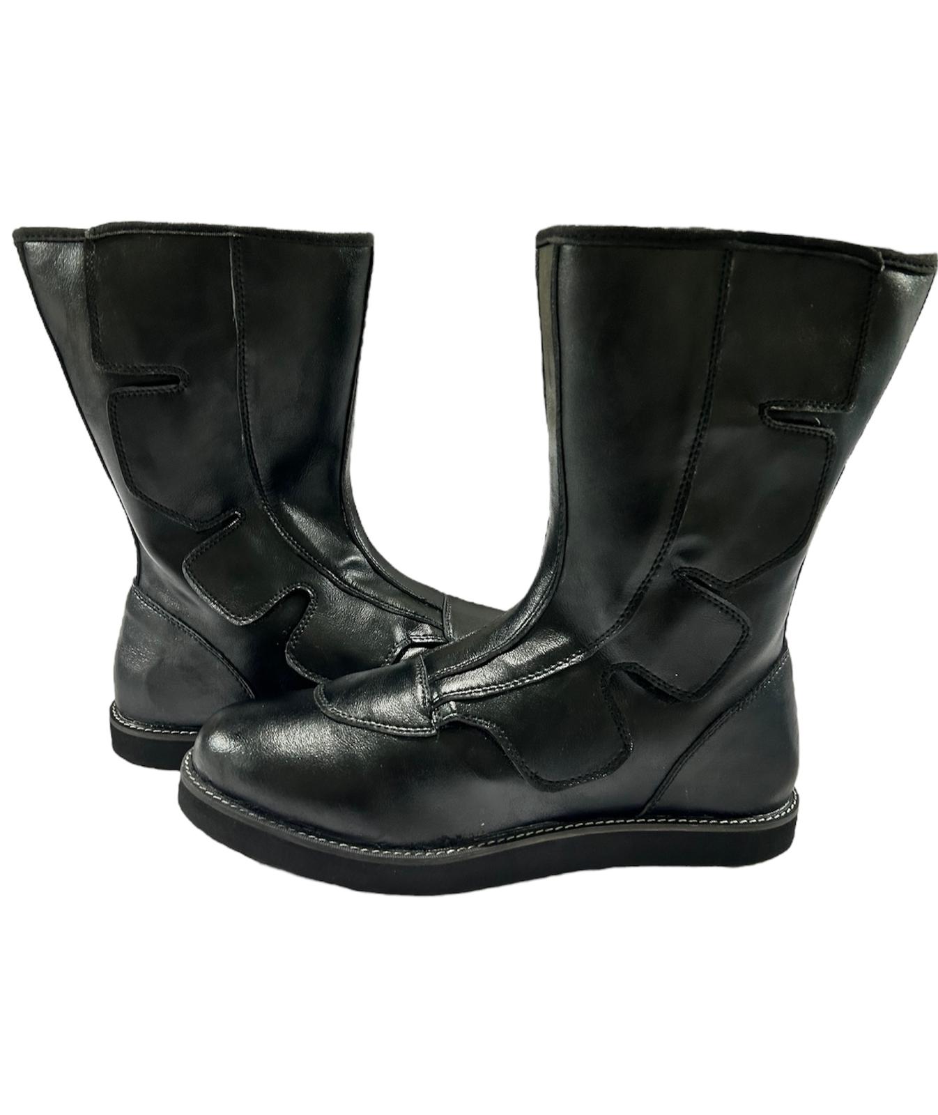 Stoei Lang Stewels, Swart Kleur, Handgemaak, 100% Oorspronklike Leer, Klittenbandstyl, Aanpasbare kleure en Sooldikte