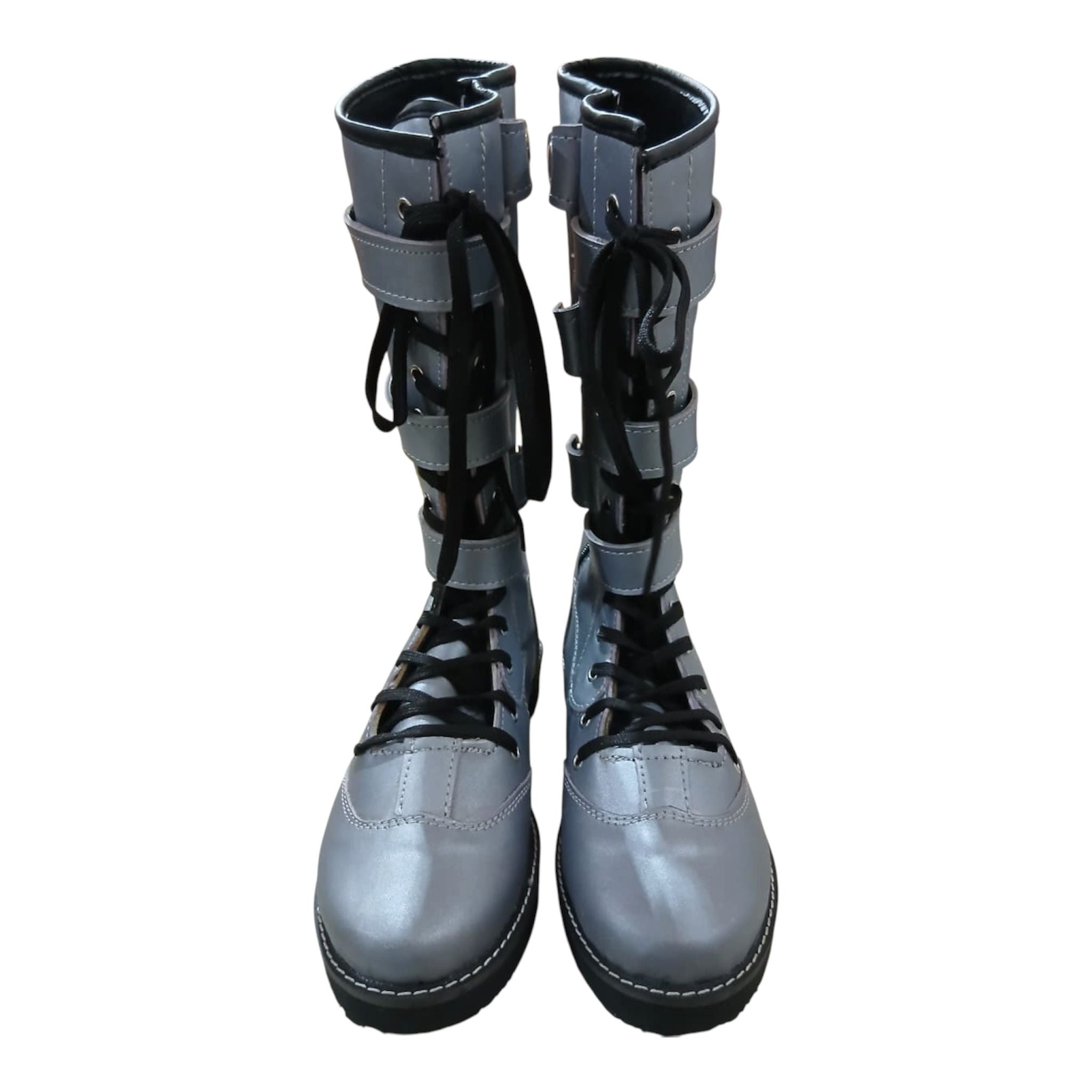 Pro Wrestling Boots, Handmade,  100% Original Leather, Silver Color , Lace up style with straps.