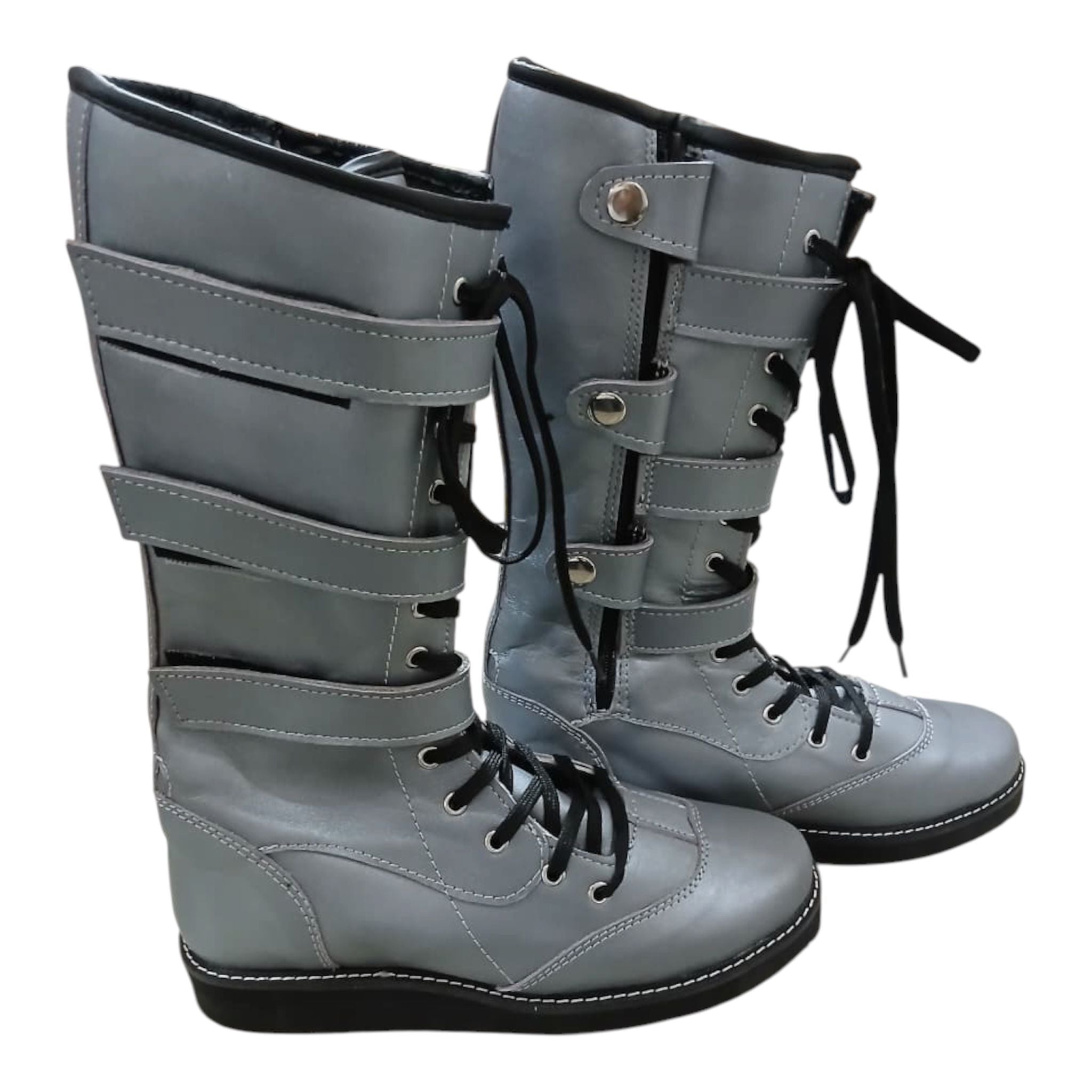 Pro Wrestling Boots, Handmade,  100% Original Leather, Silver Color , Lace up style with straps.
