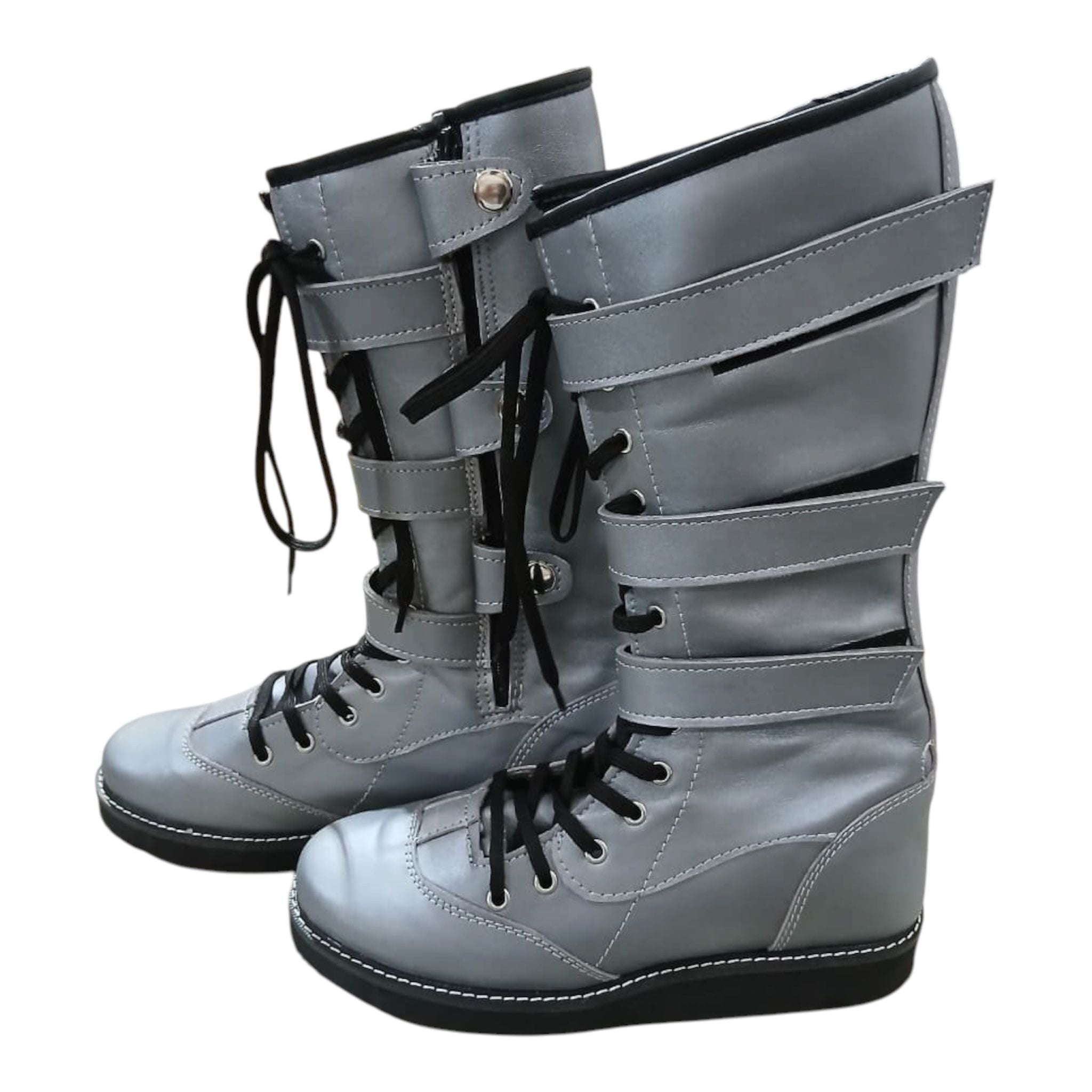 Pro Wrestling Boots, Handmade,  100% Original Leather, Silver Color , Lace up style with straps.