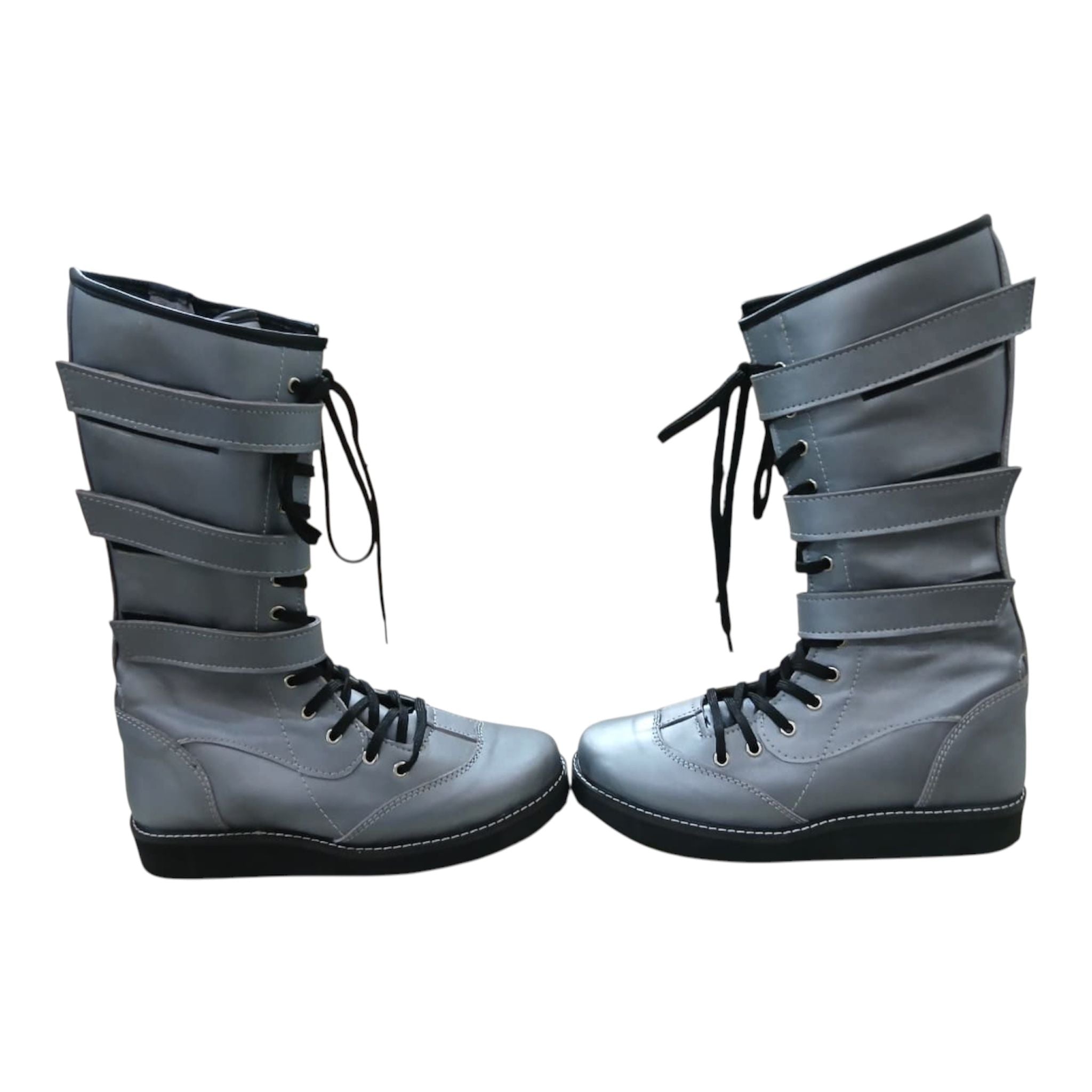 Pro Wrestling Boots, Handmade,  100% Original Leather, Silver Color , Lace up style with straps.