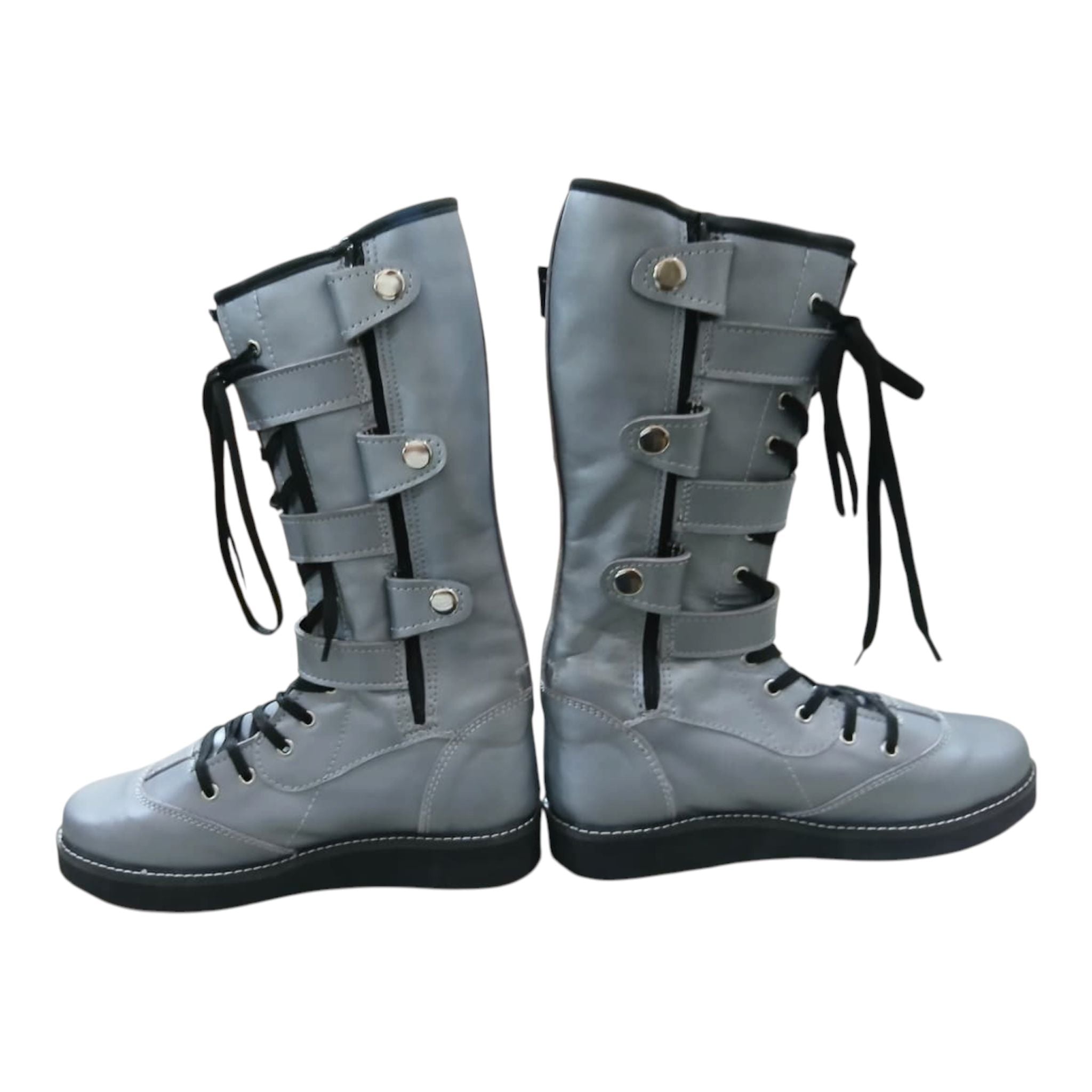 Pro Wrestling Boots, Handmade,  100% Original Leather, Silver Color , Lace up style with straps.