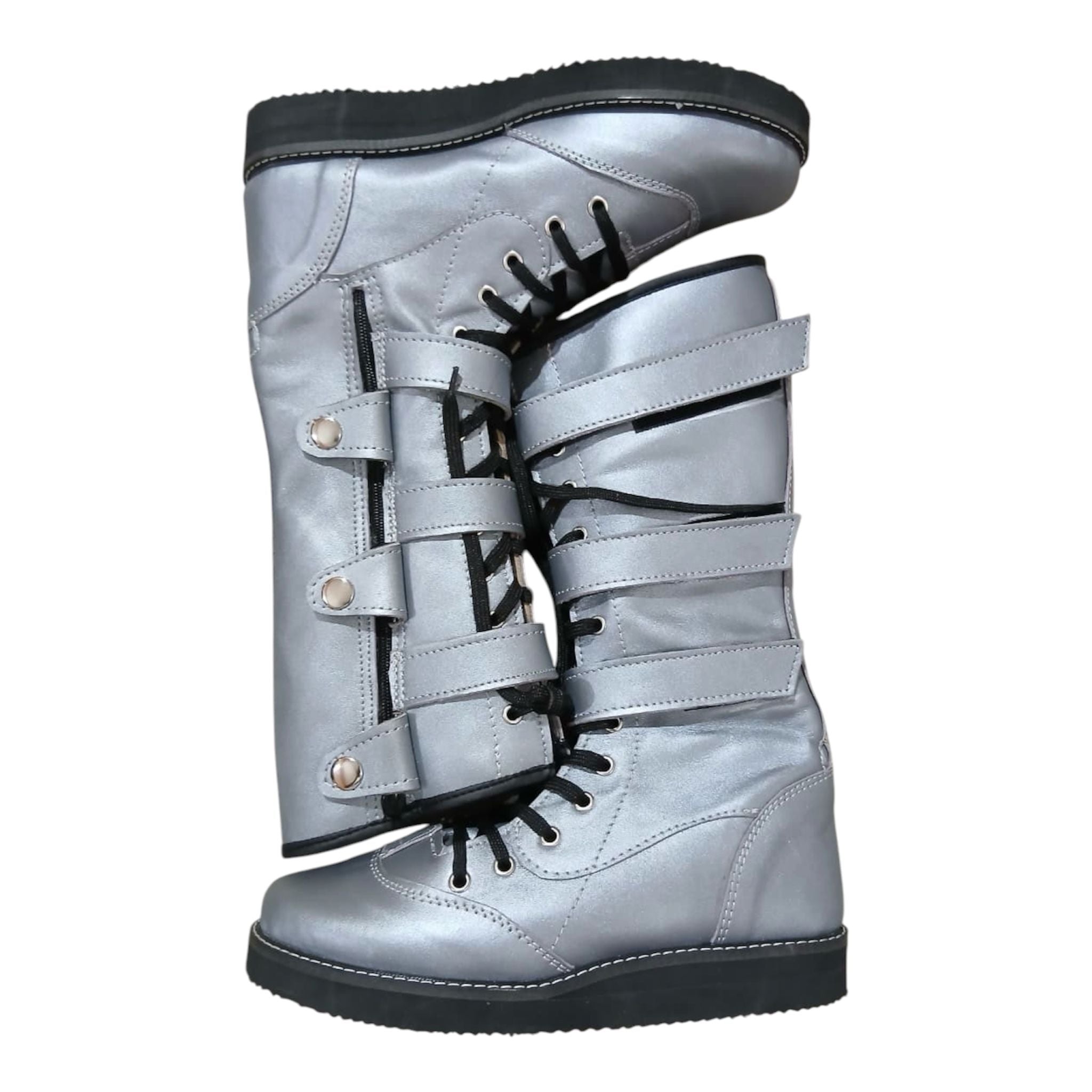 Pro Wrestling Boots, Handmade,  100% Original Leather, Silver Color , Lace up style with straps.