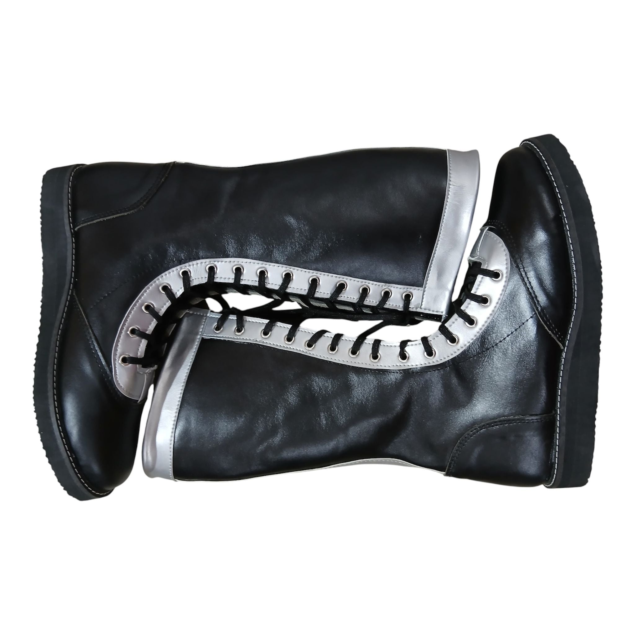 Wrestling Long Boots, 100% Original Leather, Black with Silver trim, Handmade