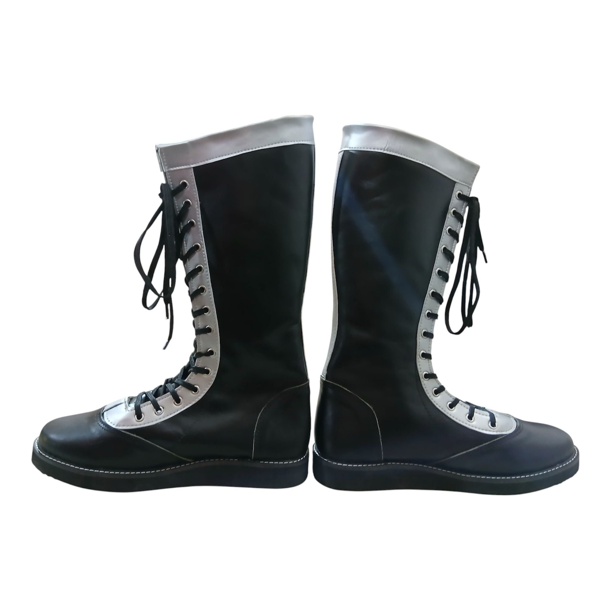 Wrestling Long Boots, 100% Original Leather, Black with Silver trim, Handmade