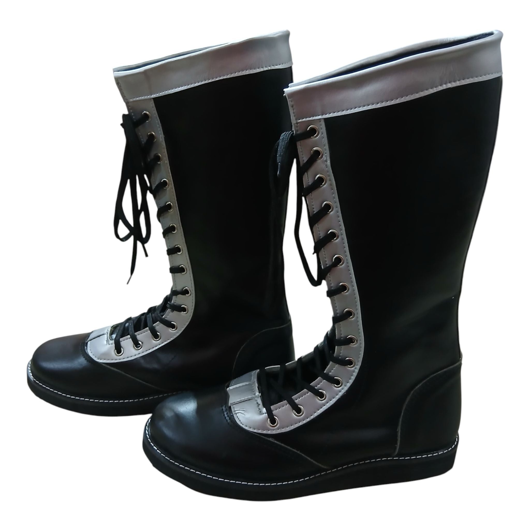 Wrestling Long Boots, 100% Original Leather, Black with Silver trim, Handmade