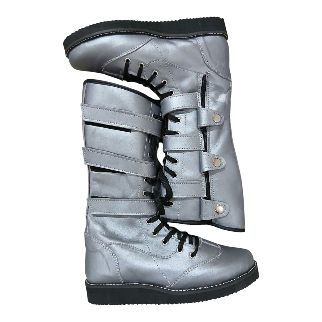 Pro Wrestling Boots, Handmade,  100% Original Leather, Silver Color , Lace up style with straps.