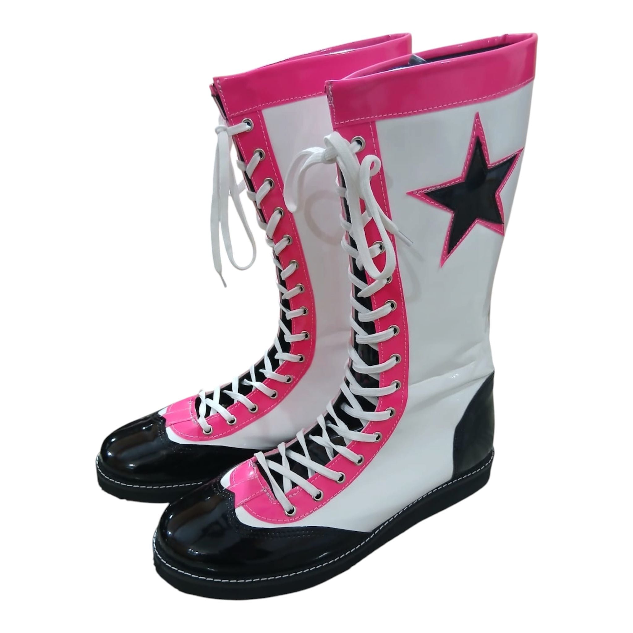 Pro Wrestling Boots, Handmade , Patent Leather, Pink, White & Black star Boots