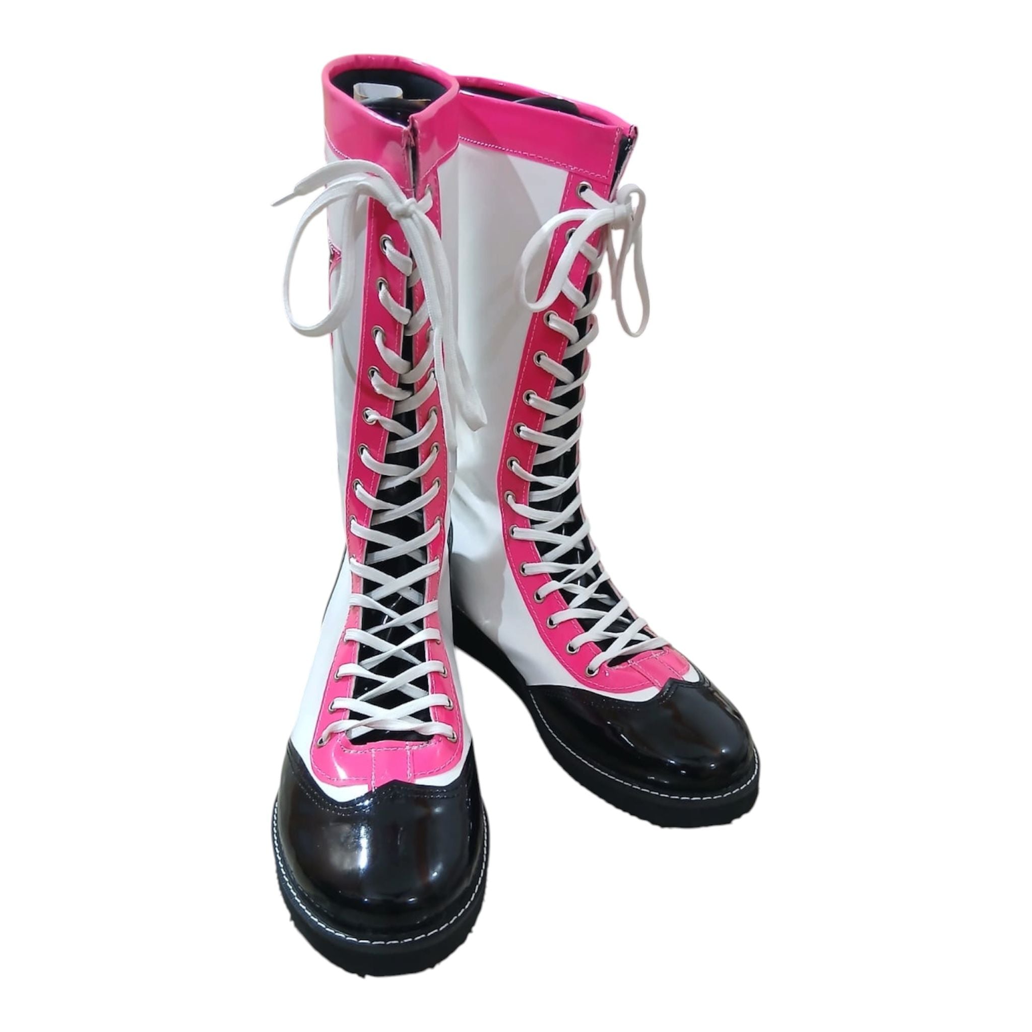 Pro Wrestling Boots, Handmade , Patent Leather, Pink, White & Black star Boots