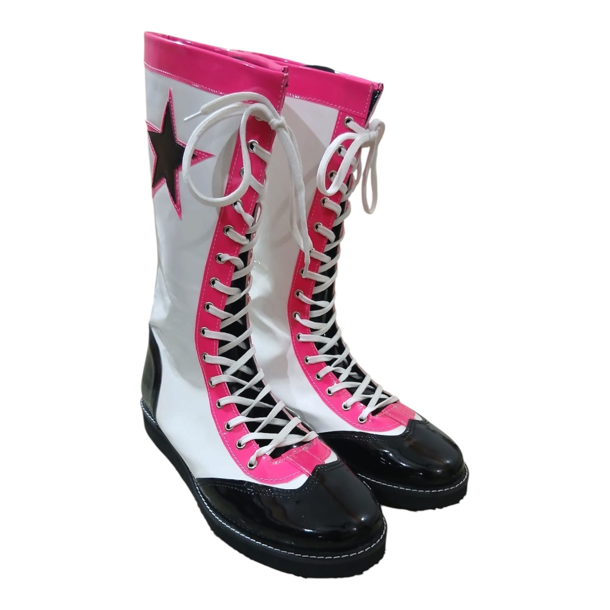 Pro Wrestling Boots, Handmade , Patent Leather, Pink, White & Black star Boots