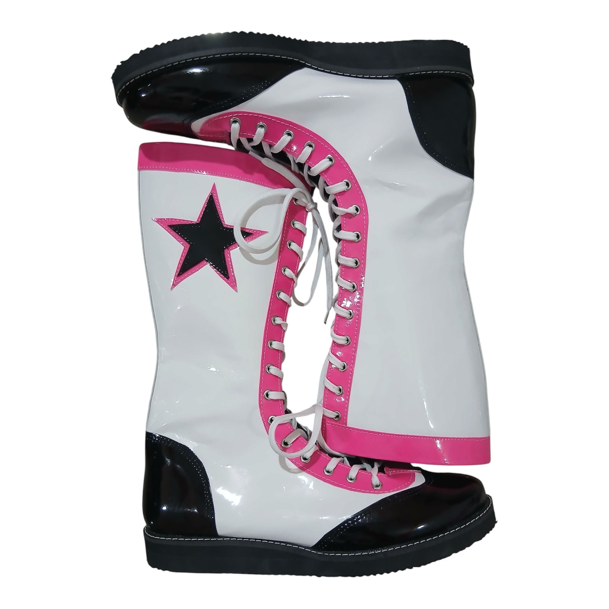 Pro Wrestling Boots, Handmade , Patent Leather, Pink, White & Black star Boots