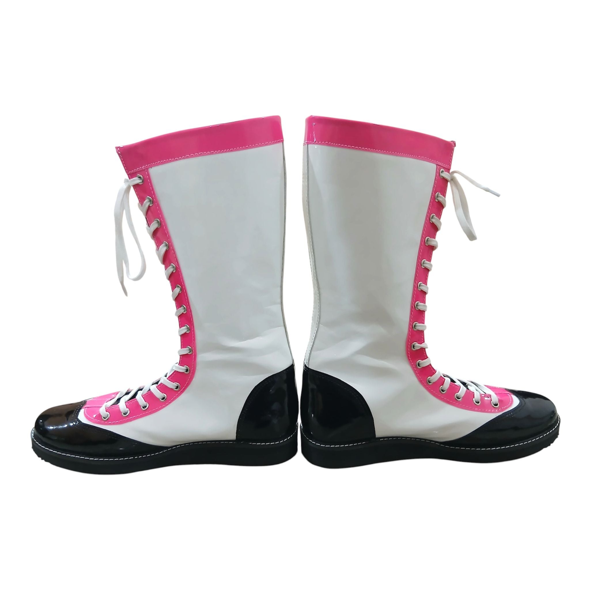 Pro Wrestling Boots, Handmade , Patent Leather, Pink, White & Black star Boots