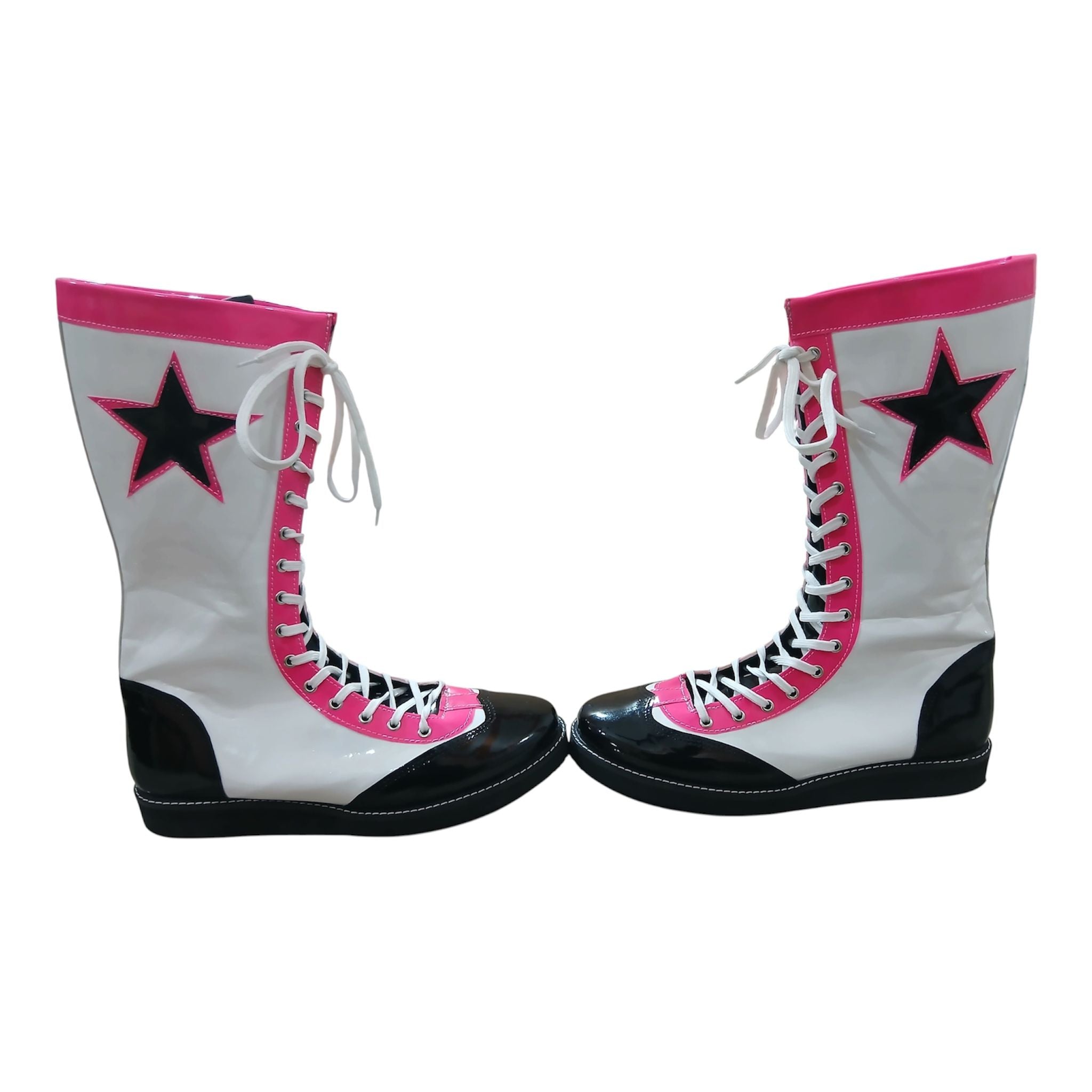 Pro Wrestling Boots, Handmade , Patent Leather, Pink, White & Black star Boots