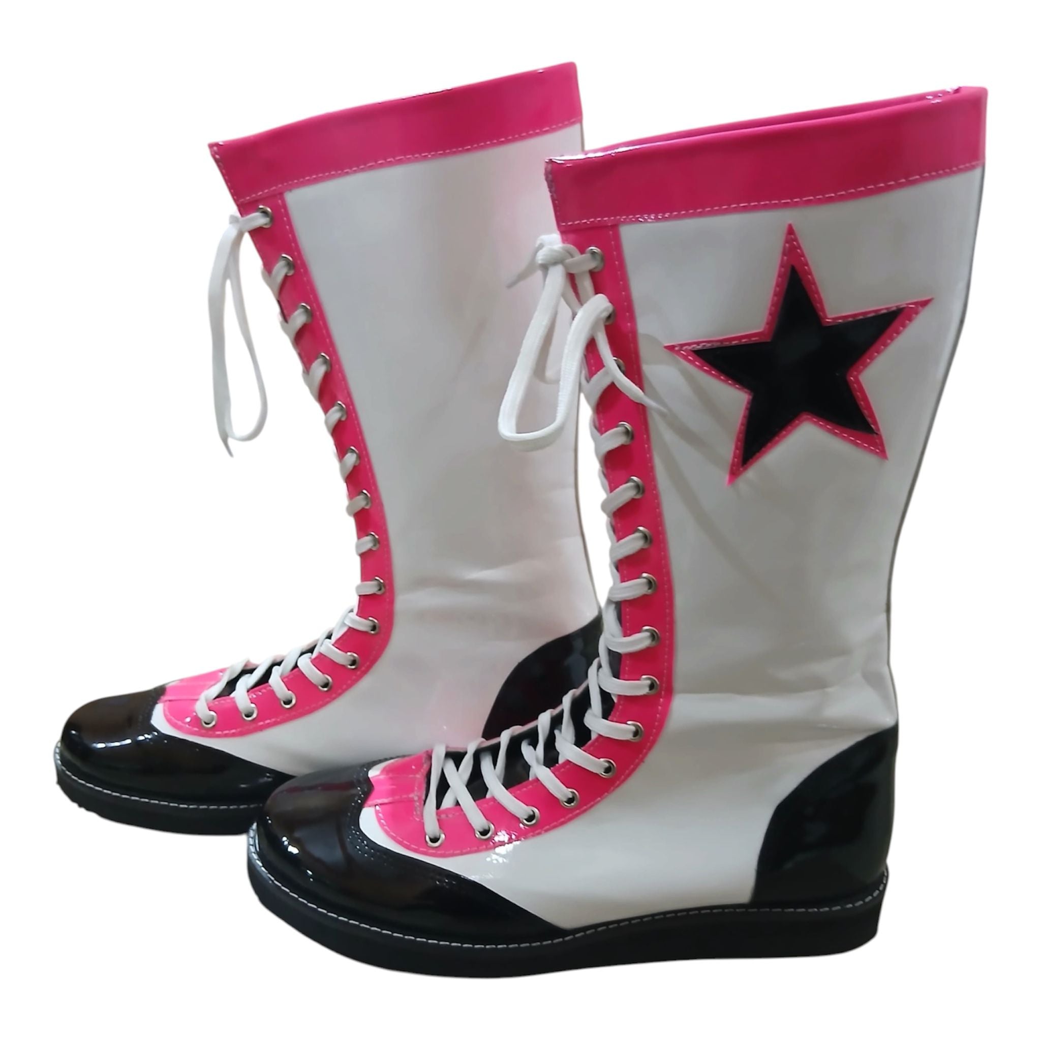 Pro Wrestling Boots, Handmade , Patent Leather, Pink, White & Black star Boots