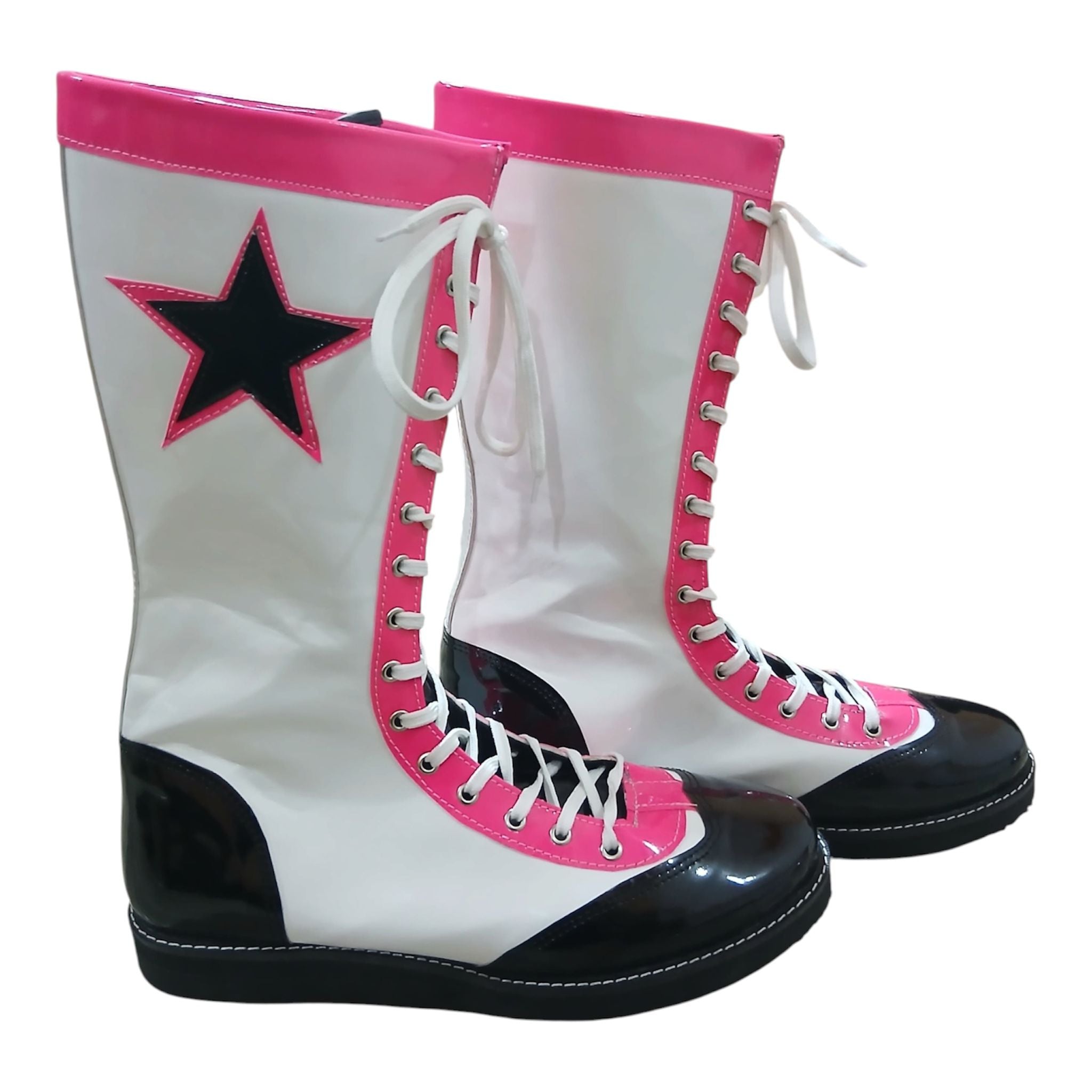 Pro Wrestling Boots, Handmade , Patent Leather, Pink, White & Black star Boots