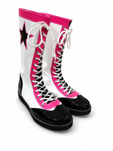 Pro Wrestling Boots, Handmade , Patent Leather, Pink, White & Black star Boots