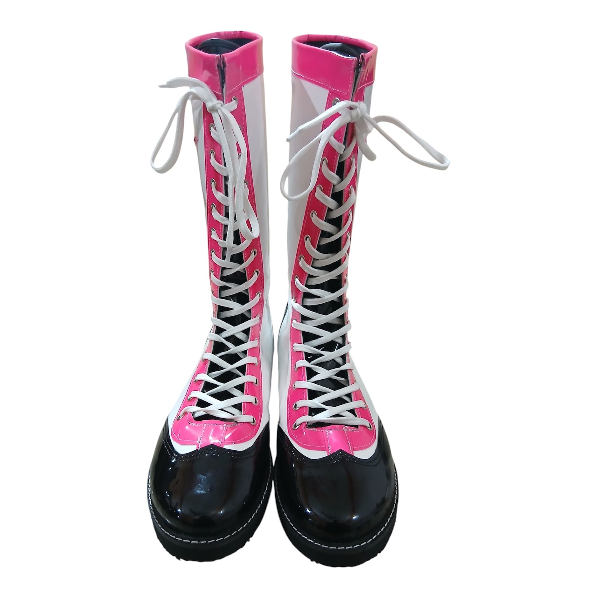 Pro Wrestling Boots, Handmade , Patent Leather, Pink, White & Black star Boots