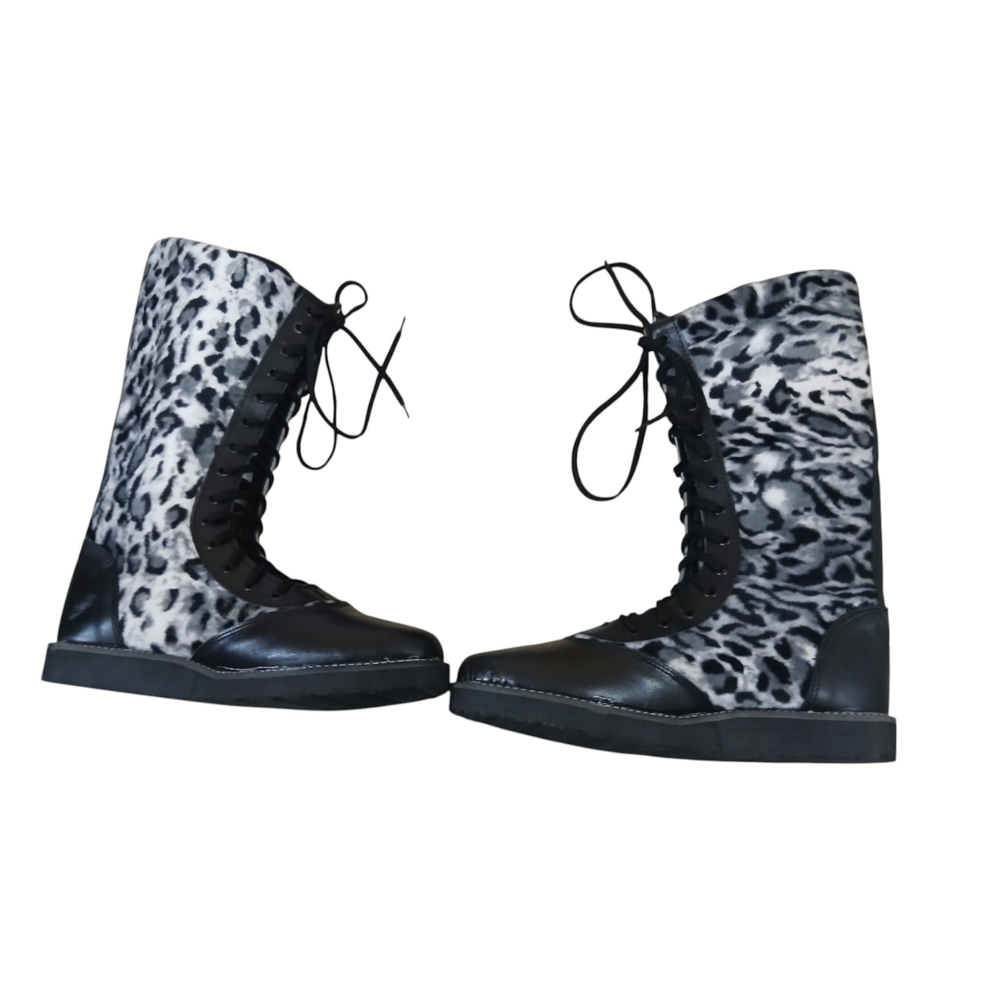 Pro Wrestling Boots Genuine Leather  with White Leopard Print fur