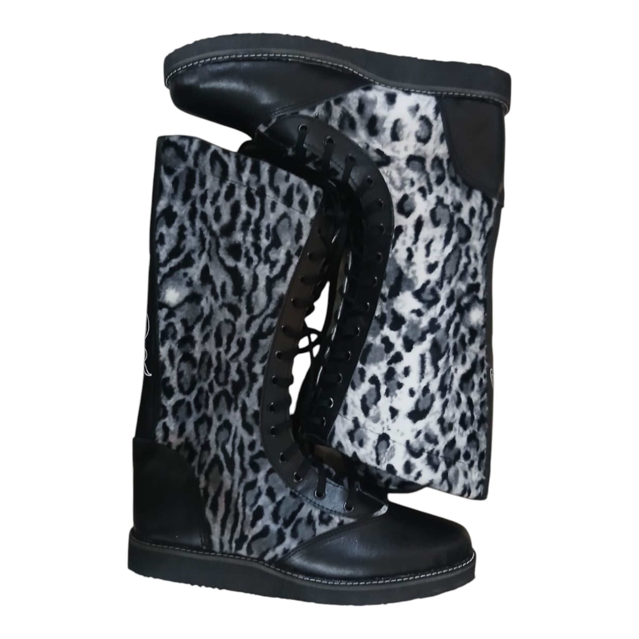 Pro Wrestling Boots Genuine Leather  with White Leopard Print fur