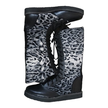 Pro Wrestling Boots Genuine Leather  with White Leopard Print fur
